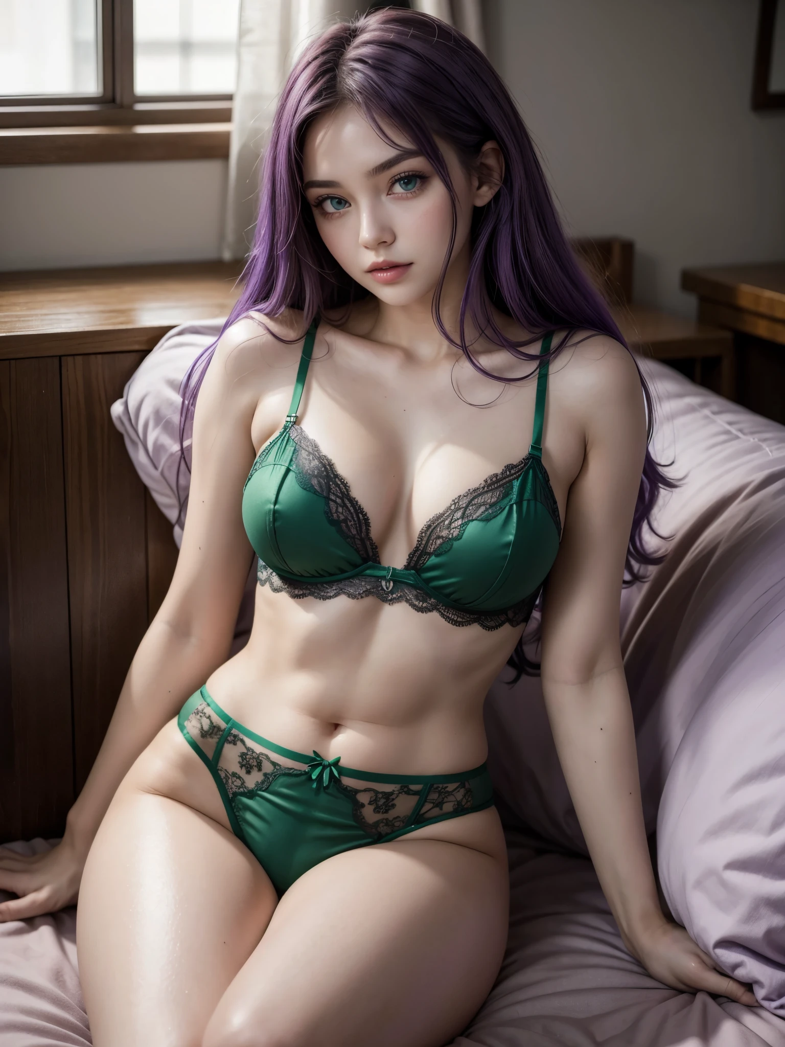 Hot girl, purple hair, green eyes, lingerie