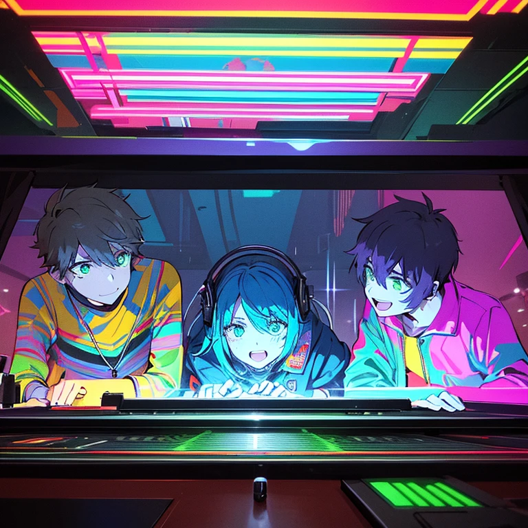 there are three boys sitting at a table with laptops, dj set, djing with dj turntables, dj, turntablist, turntablism dj scratching, dj at a party, very smoky cyberpunk paris bar, very low light, photograph of three ravers, looking to the side, high quality photo, dj rave , everyone having fun, looking off to the side