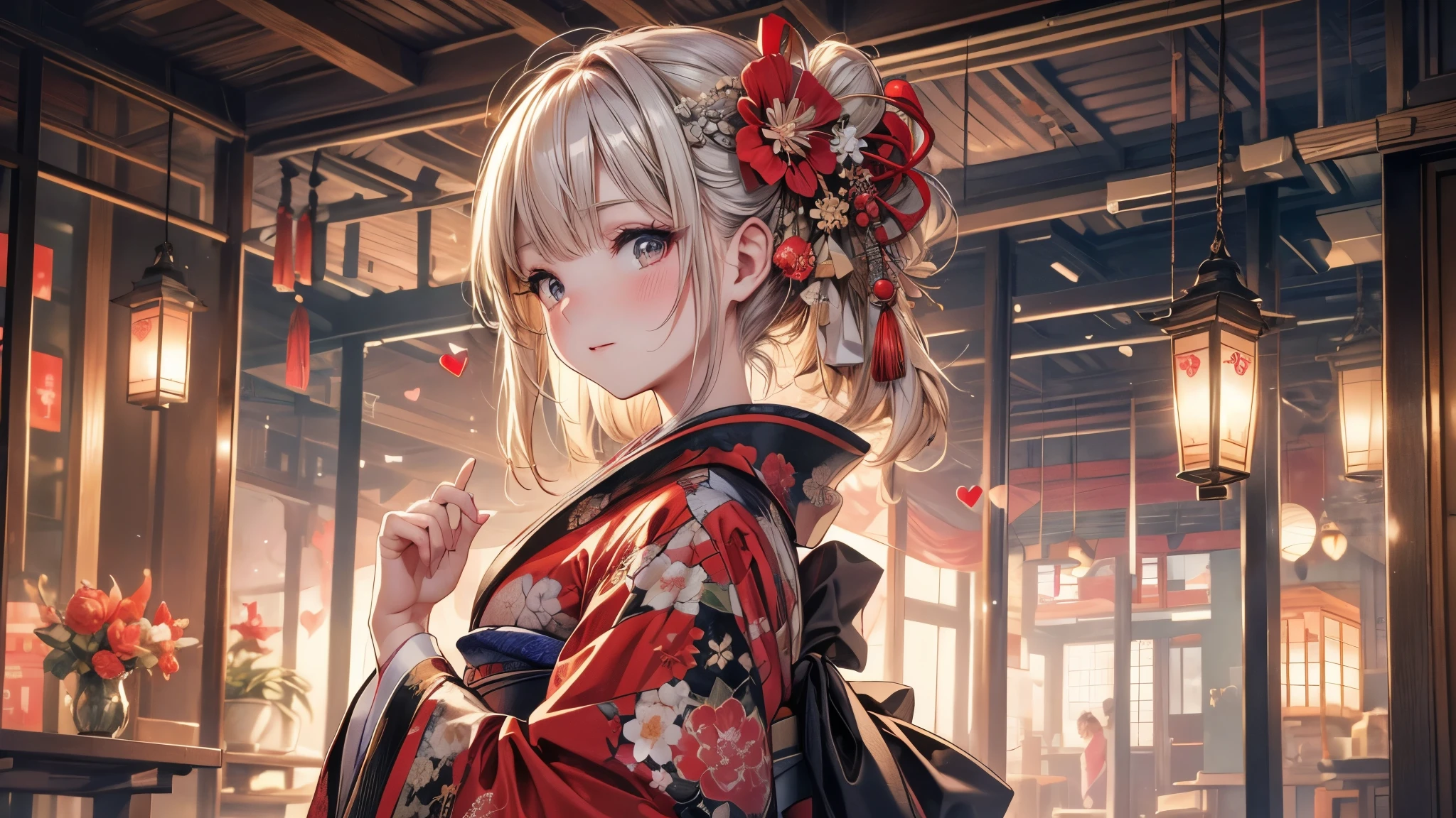 kimono, Heart, (8k, original photo, best quality, masterpiece: 1.2), (Practical: 1.6), (masterpiece), (best quality: 1.0), (Ultra-high resolution: 1.0), detail, 1940s, one, detail beautiful skin, detail room, ,Practical skin