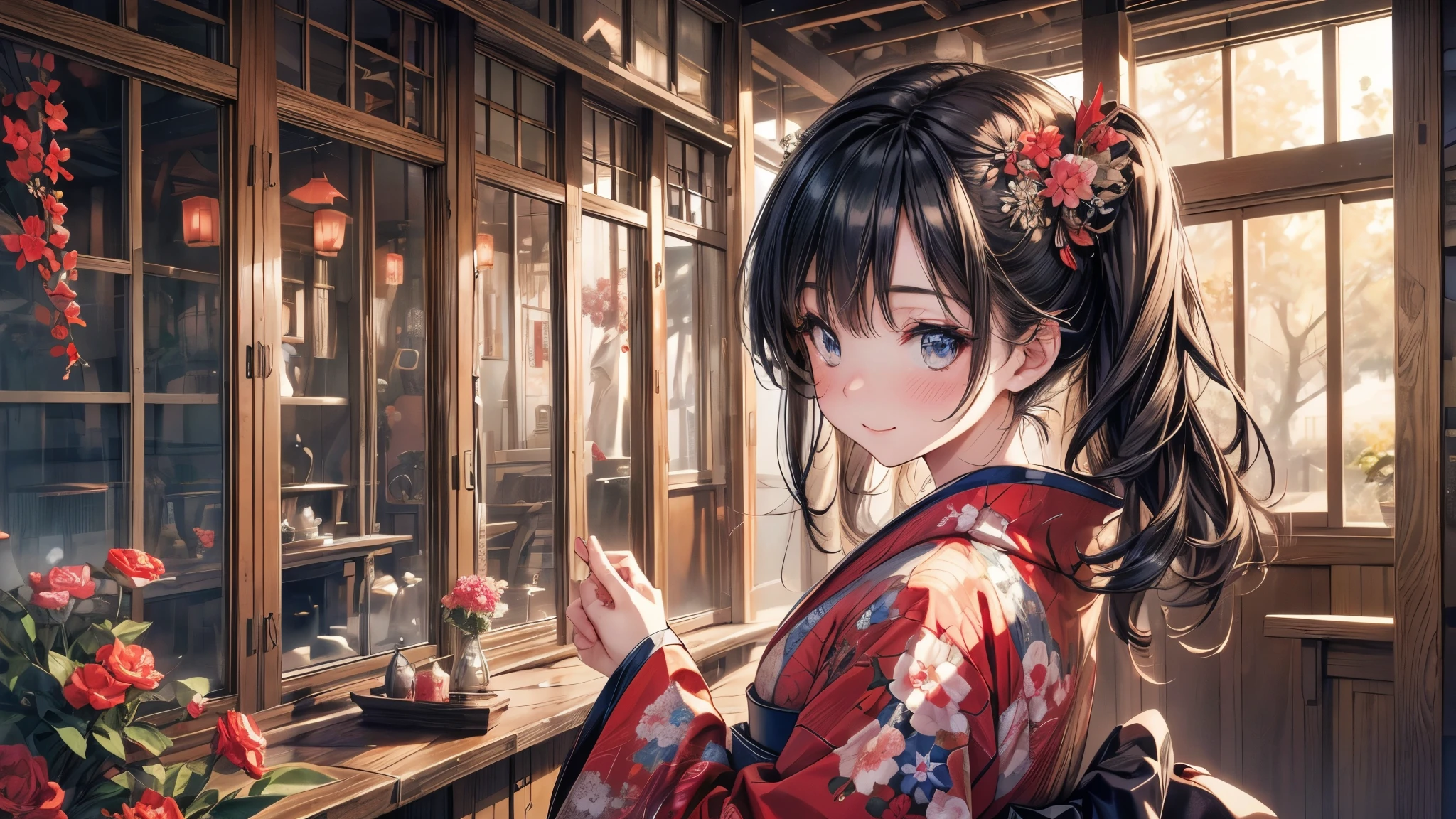 kimono, Heart, (8k, original photo, best quality, masterpiece: 1.2), (Practical: 1.6), (masterpiece), (best quality: 1.0), (Ultra-high resolution: 1.0), detail, 1940s, one, detail beautiful skin, detail room, ,Practical skin