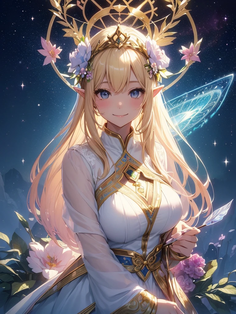 最high quality、1girl  ELF
NP: worst quality ,flower fractal art,
rule of thirds composition,
beautiful glow,
romanticism,fairy wing
the most beautiful form of chaos, various colors, entangled flower, Particle,magical gentle light,smile,sexy,Image quality、masterpiece、Beautiful Face、Super beautiful elf girl((22 year old office lady with big breasts、Bust 90,Beautiful long ironed hair、blonde、height: 165cm。、sexy、Esbian、Beautiful tiara、Night with a glass、high quality、美しいart、galactic creation、background((星nullスキー)))、ビジュアルart、Written boundary depth、、Elf Ears、、Lightのmagic、universe、Happy smile、穏やかなLight、Elven Forest、elegant、ticker beautiful decorative、flower瓶magicのflower、flowerを作るmagic、Light、　null、Thin, sheer dress、、table、giant galaxy、myth、art、、sexy、A kind smile、wonderful、舞い散るflowerびら、Spectacular landscapes、Beautiful Landscape、universeのmagic、magicのLight、Fantasy、flower、super REALITY、magic、universeを飛ぶ、、Grow Fantasy、、mysteryのLight、Byzantine、Art Nouveau、Elven Nation、　たくさんのflower、、art、art,mystery,Ultra-high resolution,magicalgentle light,sexy、Marble pillar、golden decoration
