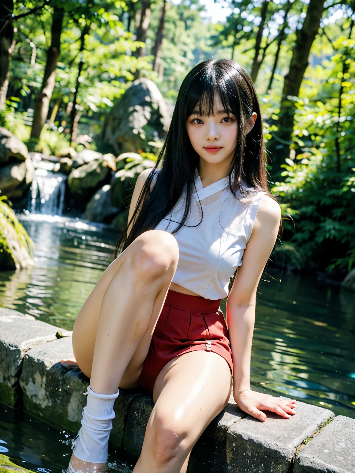 (masterpiece,highest quality,超A high resolution), (((Very beautiful K-pop girl))), pretty girl、Look at the photographer､  ((A pose that emphasizes a cute crotch)), Very cute face, Glossy Lips, A woman dressed in red and white takes a photo, Knee socks and skirt, sakimichan, Very sexy gymnastics costume, 8k)), Japanese Goddess, Very sexy outfit, Trending on cgstation, 4K,Natural smile、 Natural Makeup, Long eyelashes, Shiny and smooth hair､Camel Toe,  Perfect limbs, Perfect Anatomy,(Wet pants and see-through pants),