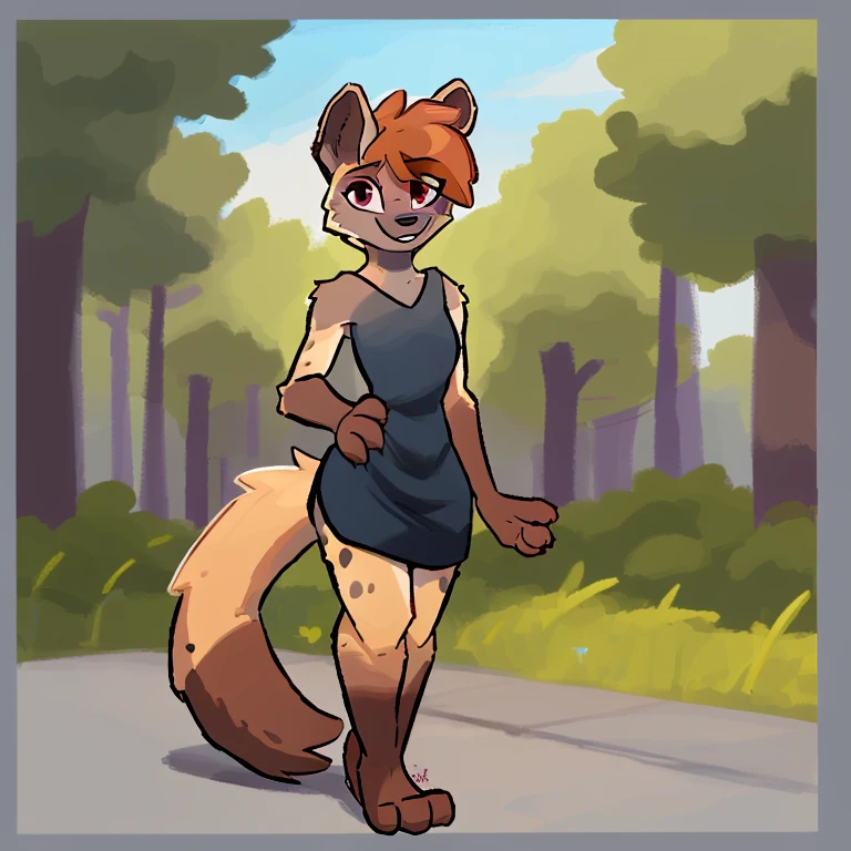 outside, park r enginetrap_style, enginetrap_style ,anthro ,bedroom_eyes ,brown_body ,brown_fur ,female ,fur , ,grey_background ,grin ,happy ,leg_markings ,looking_at_viewer ,markings ,narrowed_eyes ,, seductive ,simple_background ,smile ,socks_(marking) ,solo , ,tail ,teeth ,,enginetrap ,hyena ,mammal ,2023 ,digital_media_(artwork) ,hi_res ,shaded ,signature png ,(full-length portrait:1.2), , BREAK (masterpiece, best quality, coloured sketch, 4k, 2k, (intricate, high detail:1.2), film countershading, analog style, absurd res, by enginetrap) (best quality, high quality:1.4