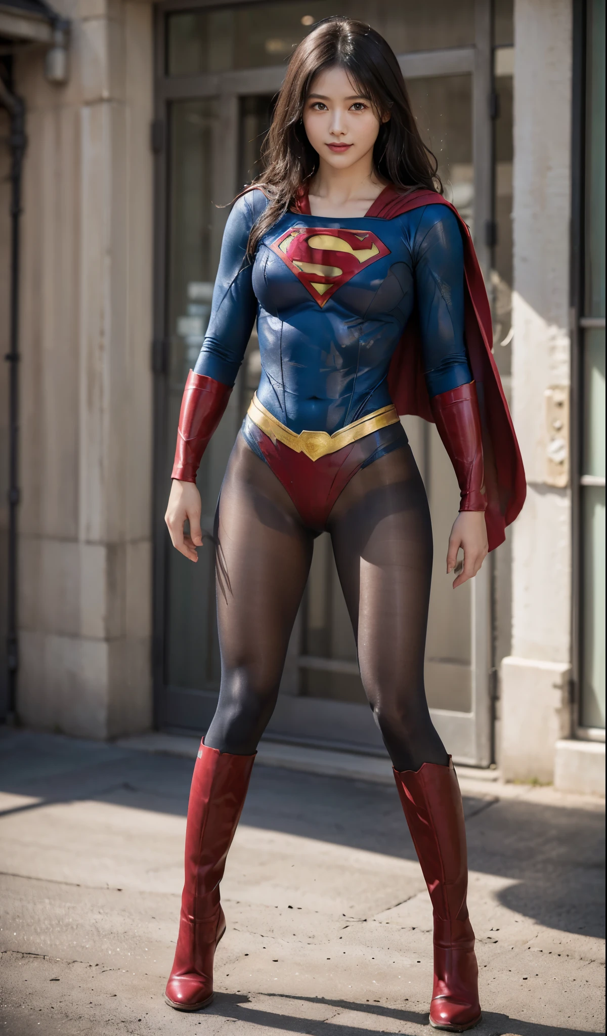 No background、(((Beautiful legs in black tights.)))、(((Legally express the beauty of your smile)))、((((Make the most of your original images)))、(((Supergirl Costume)))、(((Beautiful Hair)))、(((suffering)))、(((Please wear black tights....、Wear red boots)))、((Best image quality、8k))、((highest quality、8k、masterpiece:1.3))、(((Preserve background )))、Sharp focus:1.2、Beautiful woman with perfect figure:1.4、Slim Abs:1.2、Wet body:1.5、Highly detailed face and skin texture、8k