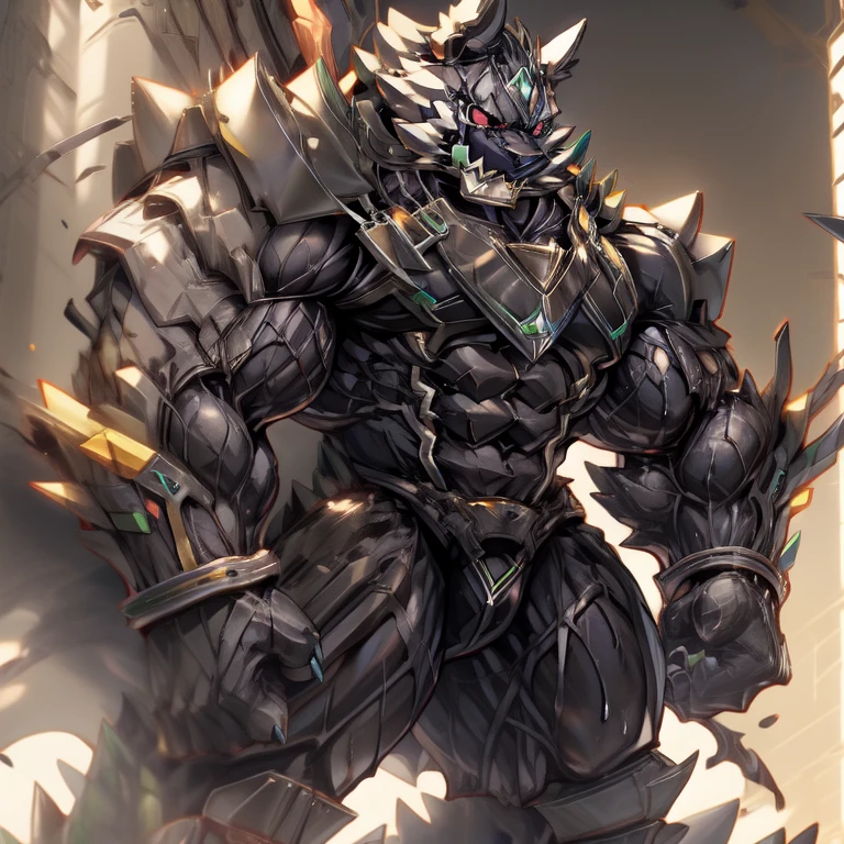 (masterpiece, best quality, detailed:1.2)
solo, ((full body)),
open mouth, (monomasa), black bodysuit, armor, (rubber material:1.2), (big muscle:1.1), (big pecs:1.1), (thick arms:1.1), (sweaty:1.2),
highly detailed, anime style, sharp shadows, shaded, soft lighting, (masterpiece:1.3),(best quality:1.4), (extreme detailed illustration), good anatomy, Wearing full plate armor, Its full plate armor emphasizes the muscles. a knight's mechanical armor, glowing wide and heavy armor, big muscle (pecs, triceps, traps) unusually developed muscular body, body full of huge muscles. showing off muscles, pectorales enormes. Exaggeratedly huge muscles. He wears a black cloak on his back. The cloak is so long that it touches the ground, nj5furry,
The claws are sharp, Sharp teeth, futuristic city, bulge in the crotch wears a small black string thong that reveals huge muscular thighs. (metallic color: jet black thong)
