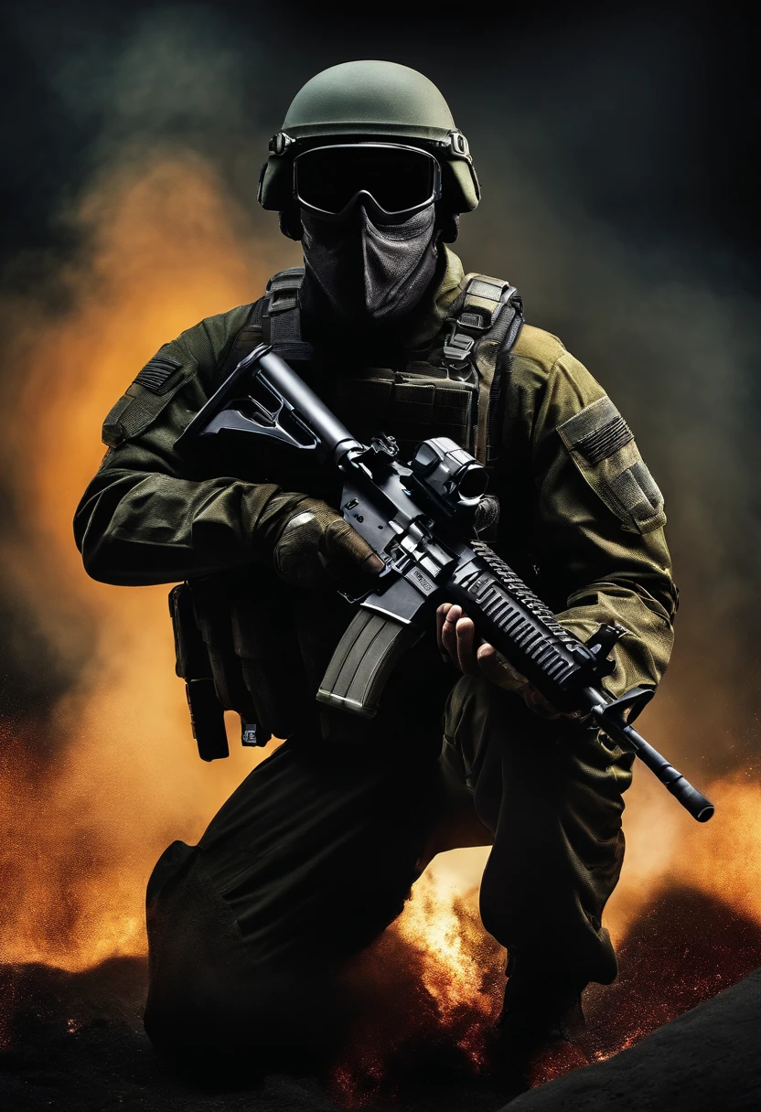 A soilder,black background, fully suit up in army dress, body Armor ,skull helmet, 1 rifle and 1 SMG in both hand pistol in waist