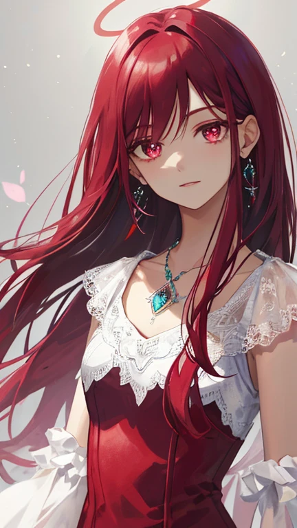 tmasterpiece,Need,illustration,Wine red color,Platinum Earrings,Platinum Necklace,Red dress,gossamer,1girll,adolable,(Dinamic Light:1.2),Bust photo,Manju Sawar,flowy,cinematric light,Exquisite facial features,Detailed eyes,Sharp pupils,Realistic pupils,depth of fields,Bokeh background,sharp fokus,(ultra - detailed,Halo,with light glowing:1.4),Many small gemstones