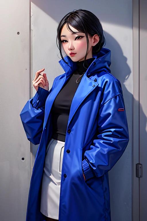 Asian woman in blue coat against wall, Close do rosto, Luz lateral