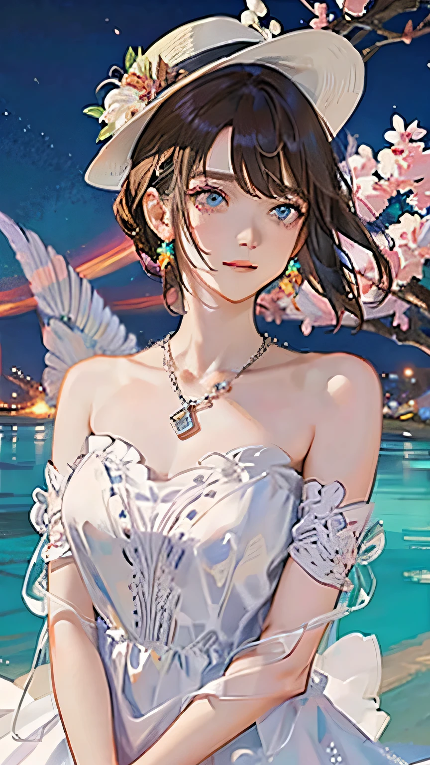 (highest quality, High resolution), Glowing Eyes, Delicate facial features, Vibrant colors, Dreamy atmosphere, Fantasy Theme, Floral Background, Graceful Movement, Detailed clothing, loose fitting dress, Elegant fashion, Magic lighting, Mysterious Aura, Heavenly Beauty, Magic thread, Whimsical elements,