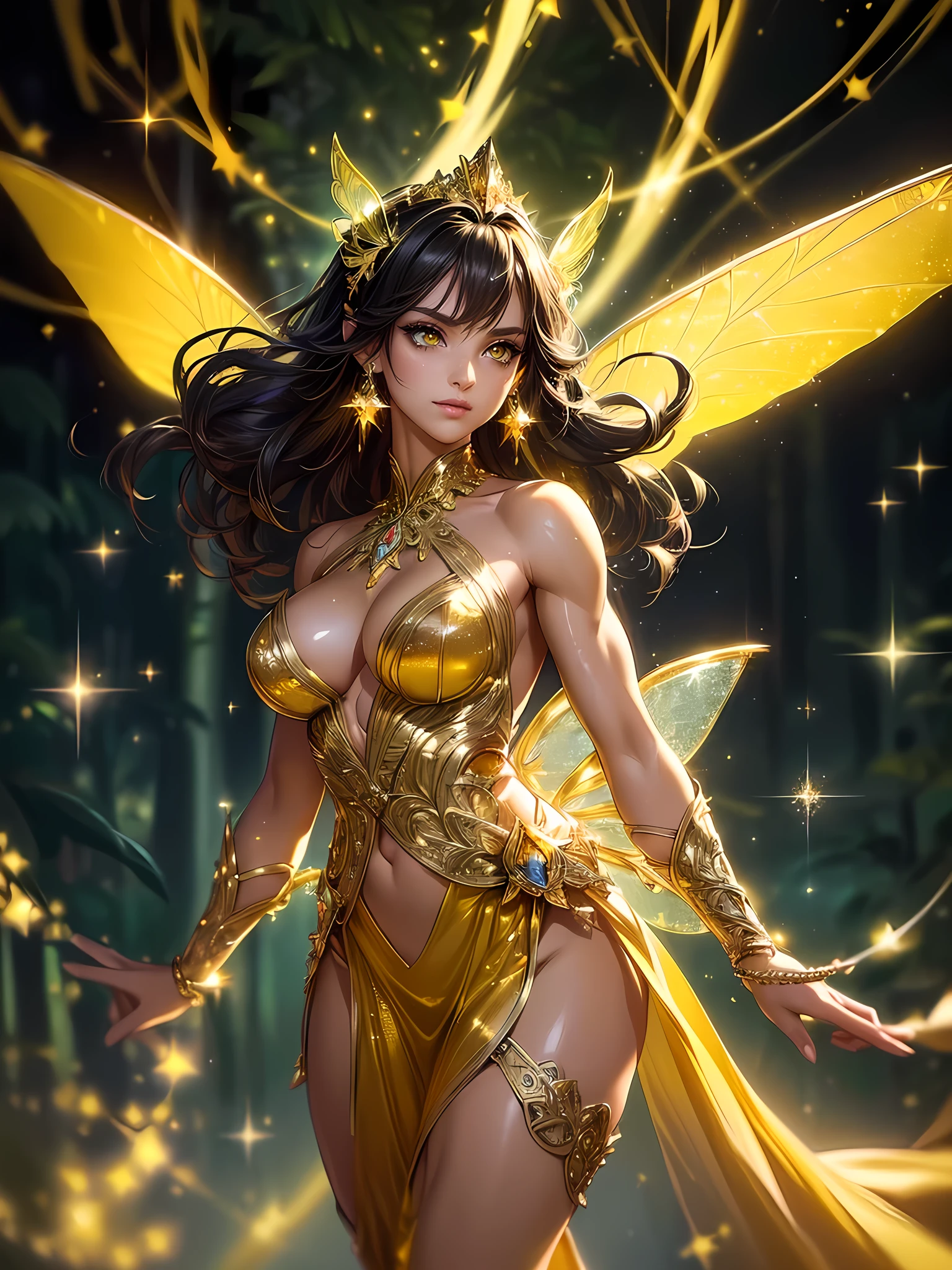(((intricate design))) (((Top quality))) (((16K))) (((High Definition))) 16K splash art, high-res, ultra sharp, ((masterpiece)), the best quality, expressive eyes, perfect face, Super eyes, perfectly detailed anatomy, (((ripped pecs))) (((Volumetric lighting))) (((natural light))) (((dark shadows))) (((fluorescent lights))) (((1female))) (((muscular))) (((Built Body-Type)) (((Caucasian Woman))) (((yellow shimmering fairy wings))), golden tied curly long hair, yellow eyes, in the rainforest, glitter, sparkles, light magic, flying, fairy magic, flying, glossy skin, coloured tattoos, earrings, royalty, shimmer, delicate, beautiful, yellow shimmering translucent suit, white boots, jewellery, confident, smirking, metallic, stars, magic wand,