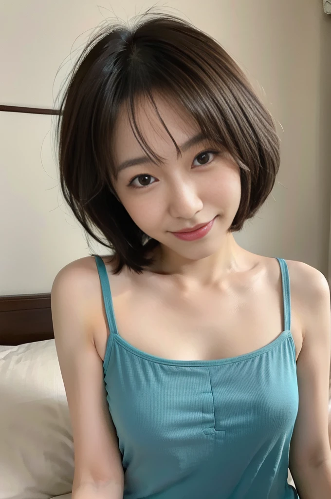 Bot Variation 10:07:44,(japanese woman),(mature woman) ,(on the bed),brown haired, short hair, aqua eye, cute smile, Depth of the bounds written, nffsw, rough skin, Masseter muscle part, high quality, 最high quality, High resolution:1.5, camisole