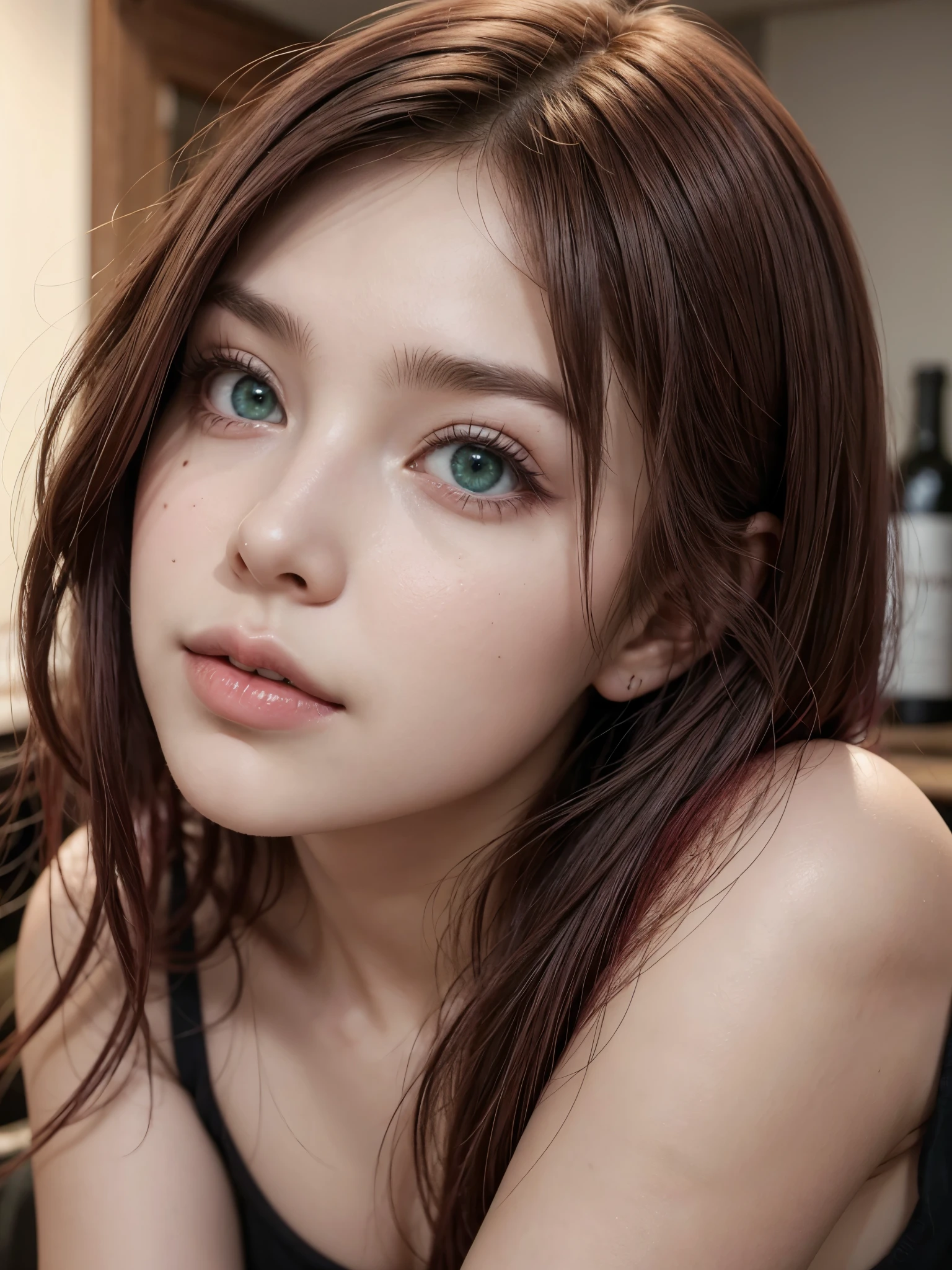 Hot girl, wine color hair, green eyes, kissing
