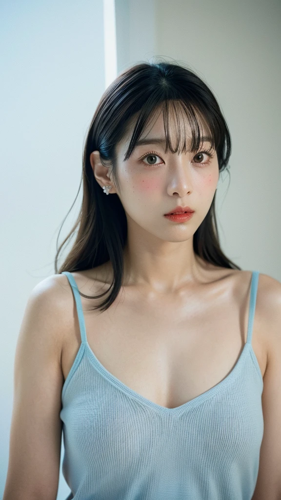 A woman in her 50s、five〇age、A little old、Big Breasts、camisole、(Corridors in Japan、Some of her hair is sky blue:1.4)、White wall、(A room with a white wall and a window)、((highest quality、8k、masterpiece:1.3))、Ultra-high resolution、(photoGenuineistic:1.4)、RAW Photos、Japanese,(Detailed aspect)、Genuine、Photographed in natural light、Highly detailed face and skin texture、Highly detailed lips、The correct state of the human body、Shortcuts、Black Hair、Various poses、Natural color lip、Upper Body