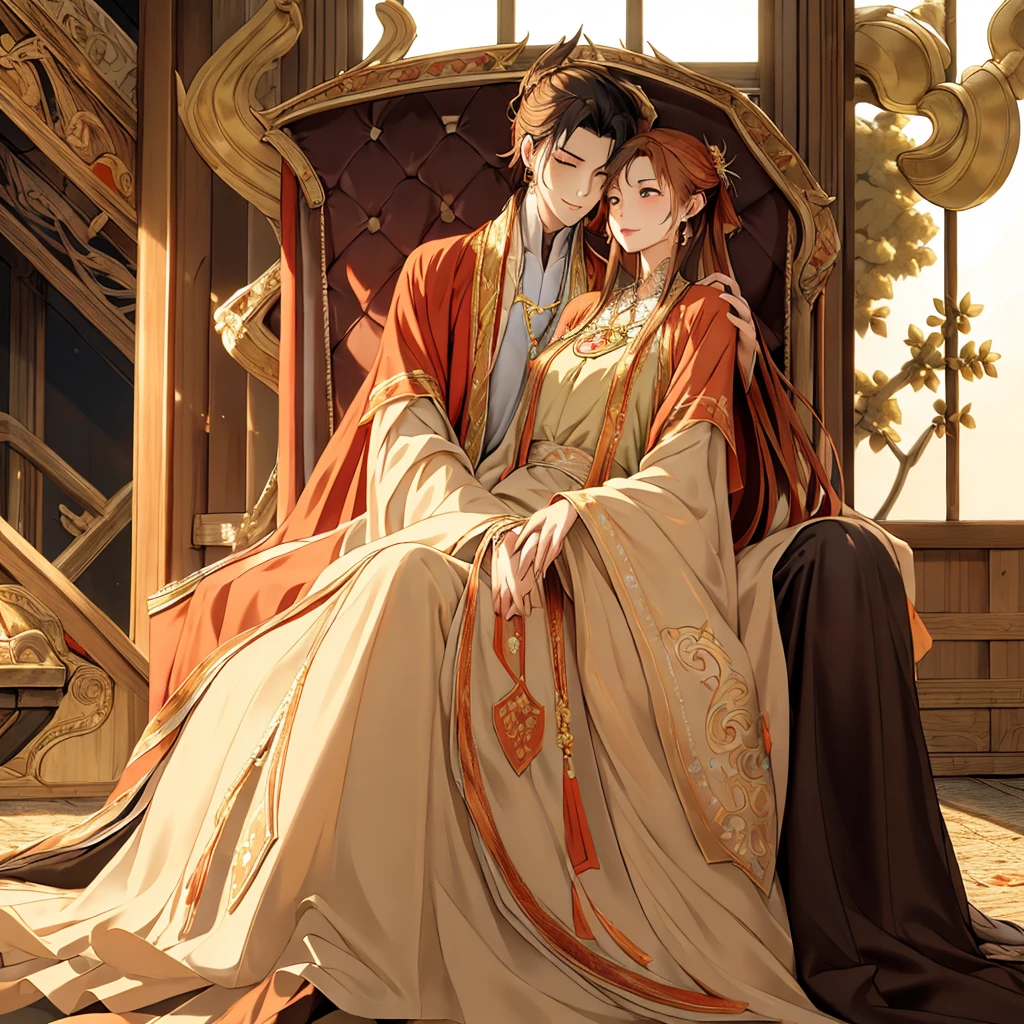 ((highest quality)), ((masterpiece)), (detailed), Perfect Face、Yuuki Asuna、Brown Hair、Hanfu、（Holding the baby）、（Breastfeeding）、Gorgeous embroidery、cuddling with a man、(A man and a woman sit side by side on a large, luxurious throne in a palace)、Gorgeous Phoenix Crown、The woman is wearing a gorgeous court costume.、Woman has a happy face、Gorgeous hair ornament、Earrings、necklace、Bracelet、Luxury accessories、The woman is the empress、The man is the prince、Man hugs woman