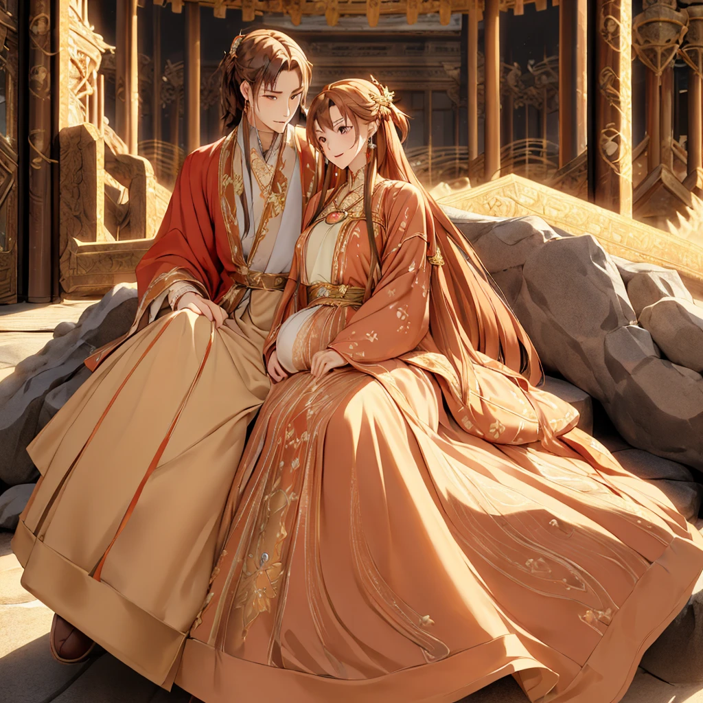 ((highest quality)), ((masterpiece)), (detailed), Perfect Face、Yuuki Asuna、Brown Hair、Hanfu、（Holding the baby）、（Breastfeeding）、Gorgeous embroidery、cuddling with a man、(A man and a woman sit side by side on a large, luxurious throne in a palace)、Gorgeous Phoenix Crown、The woman is wearing a gorgeous court costume.、Woman has a happy face、Gorgeous hair ornament、Earrings、necklace、Bracelet、Luxury accessories、The woman is the empress、The man is the prince、Man hugs woman