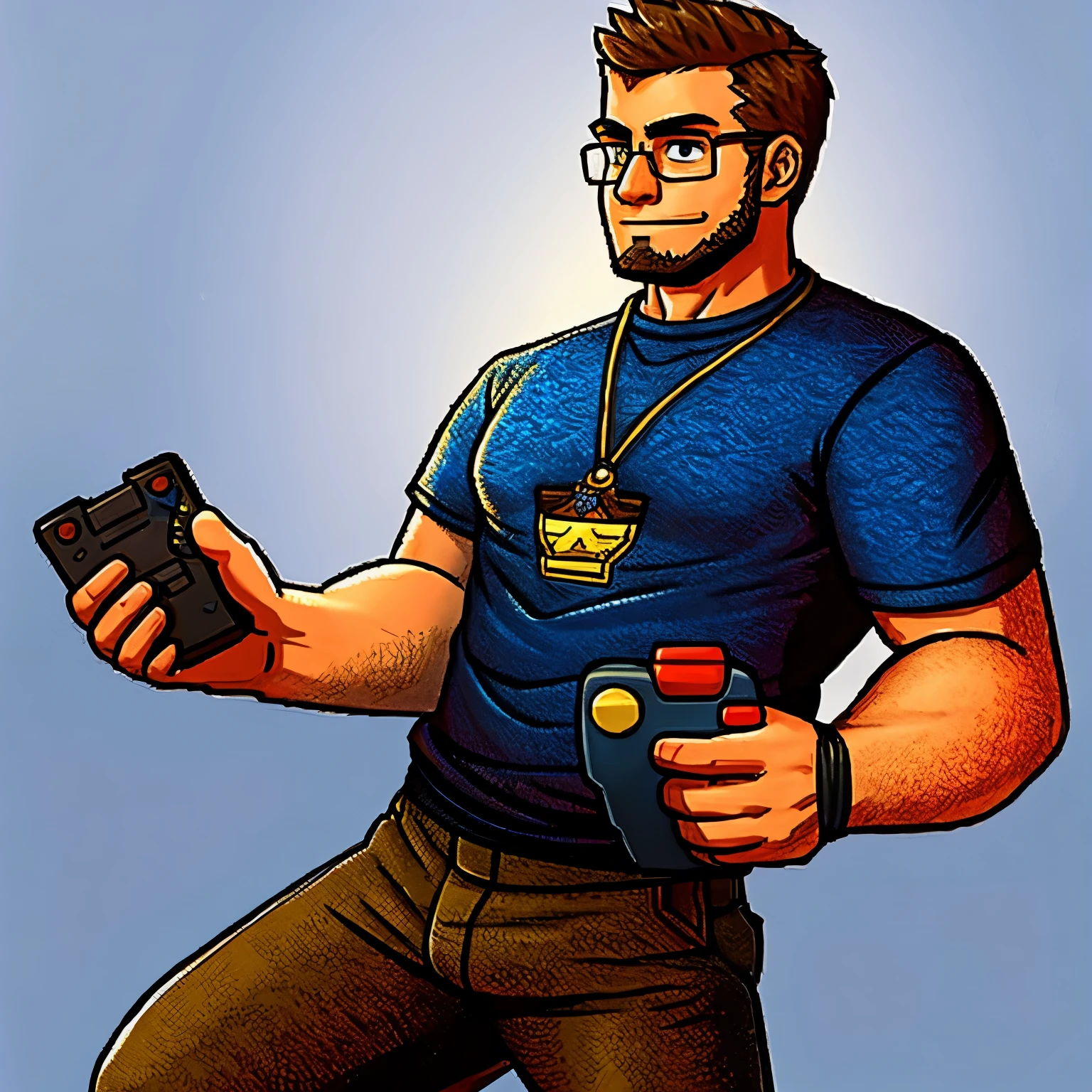 A man wearing glasses holding a video game controller