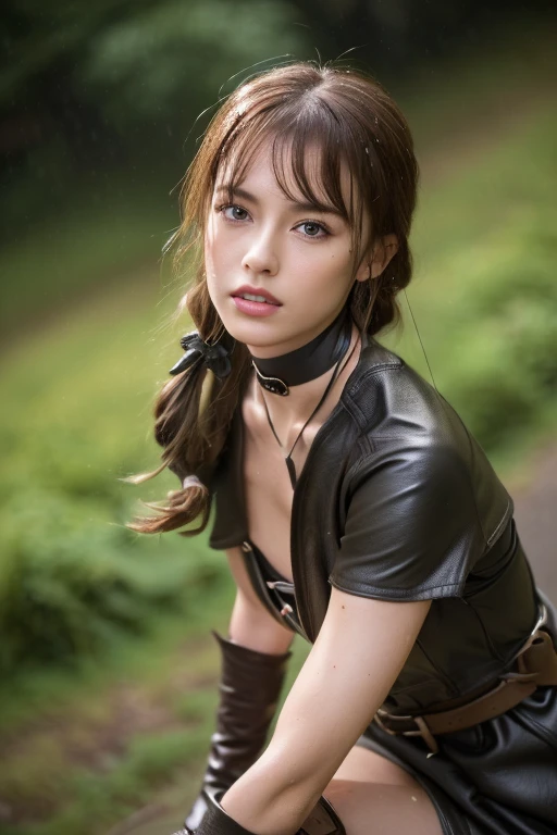 (a detailed portrait RAW photo of a gorgeous beautiful ((German)) , realistic, solo, front view, POV, looking in camera, intense stare, (masterpiece),(photorealistic:1.3), nfsw, ultra-detailed, (high detailed skin:1.2),(best quality:1.0), (ultra highres:1.0), fit, back light, choker, slim, choker, beautiful, Wearing a stylish body fitting leather fantasy clothes, brown loincloth, fantasy archer, shoulder length hair, bangs, Accessorized with leather armband and holding a bow, Posing while pulling on a bow, she is an archer, bow and arrow, looking off into the distance, Captured from an above view angle, The scene set in a dark forest at night. Best quality, 4k, Masterpiece :1.3), pretty woman, 1girl, (breasts, attractive body :1.2), abs :1.1, red brown hair: 1.1, (rainy wet, wet from rain, wet body :1.2), (wet hair), ultra-detailed face, detailed lips, mouth closed, red lipstick, detailed eyes, green eyes, double eyelid, high leather boots, garter over right thigh