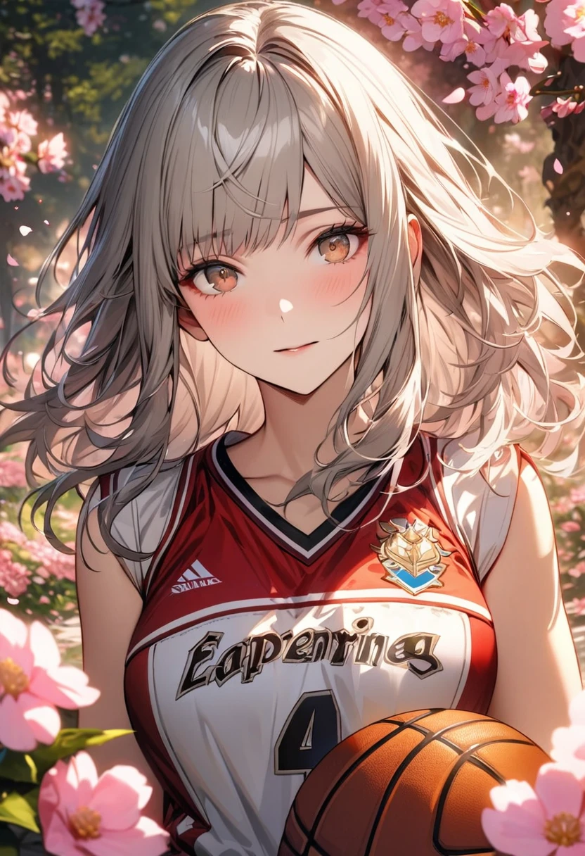 absurdres, highres, ultra detailed, HDR, masterpiece, extremely detailed face and eyes, Velouria, gray hair, expressive brown eyes, Fire Emblem Fates, solo, woman, extremely beautiful, basketball uniform, spring, pink flowers, blossoms, pink petals