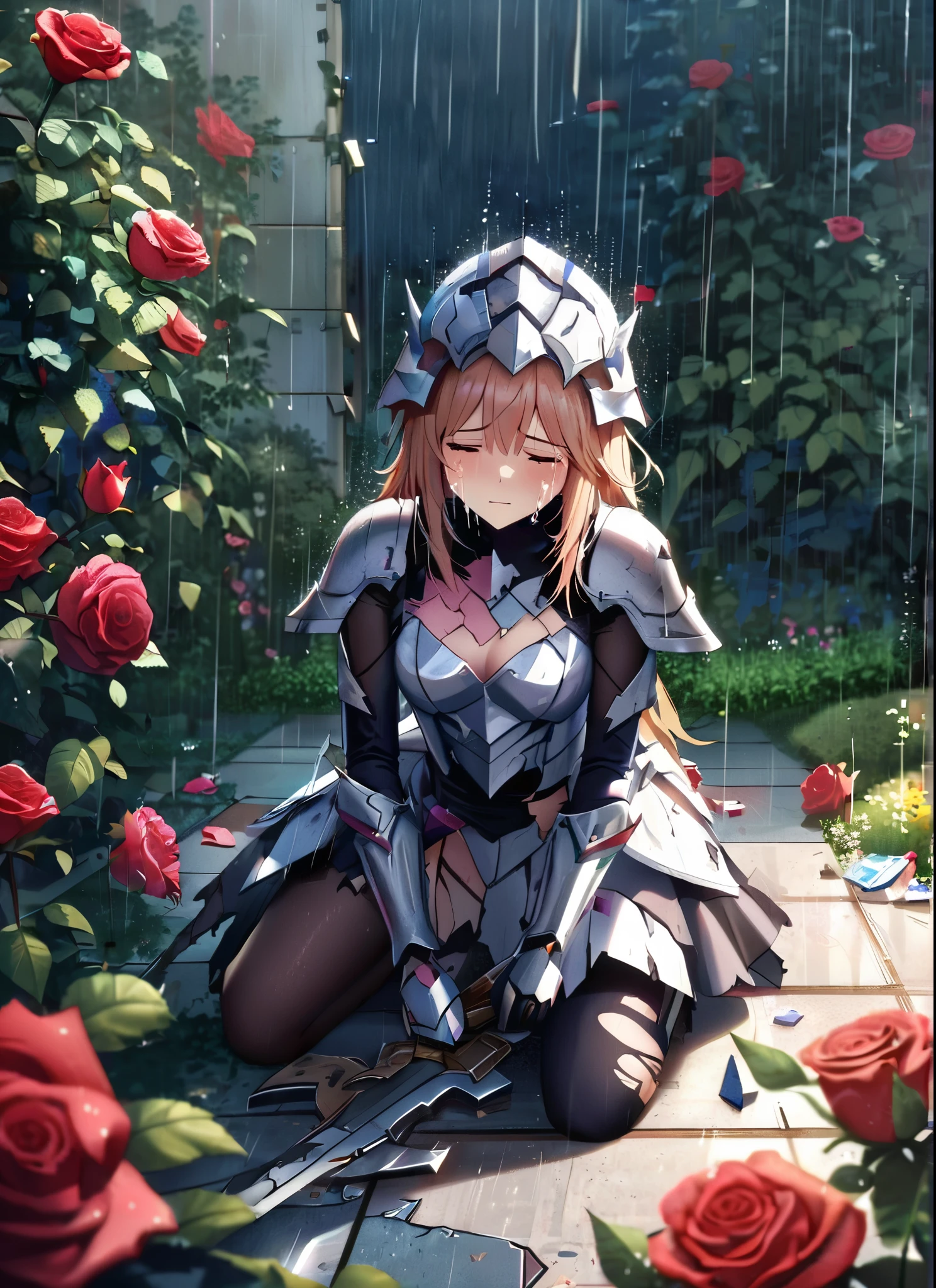 A girl, kneeling in the floor, wearing a ultra shattered and ultra broken cute  lovely armor,  lot of missing pieces, very damaged armor ,ripped clothes, broken helmet ,broken shield  and broken sword, in tears, sad, dramatic scene, tears flowing in the face, garden, roses, rain, ultra detailed face 