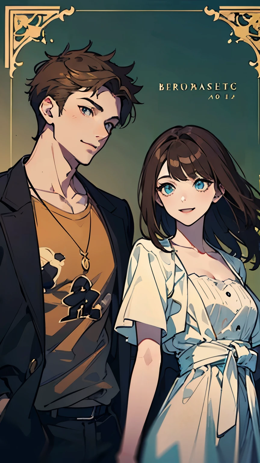 masterpiece, (ung man,brown hair,Short hair, bangs, black T-shirt, brown coat, ), (1 yowoman,brown hair, (long hair),Medium score,, Light blue outer garment, white dress), couple, two people, finely detailed eyes and detailed face,smile