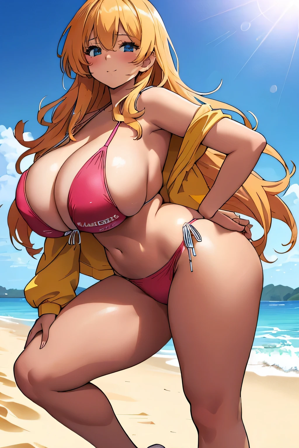 Anime girl in bikini posing at the beach with the sun in the background, thick, tits proportions, tits, Swimwear, At the Beach, At the Beach, Sunny At the Beach, Cute sexy ass, , Realistic Bikini, software version, At the Beach, High resolution consignment, Big Breasts!!, is wearing a Swimwear