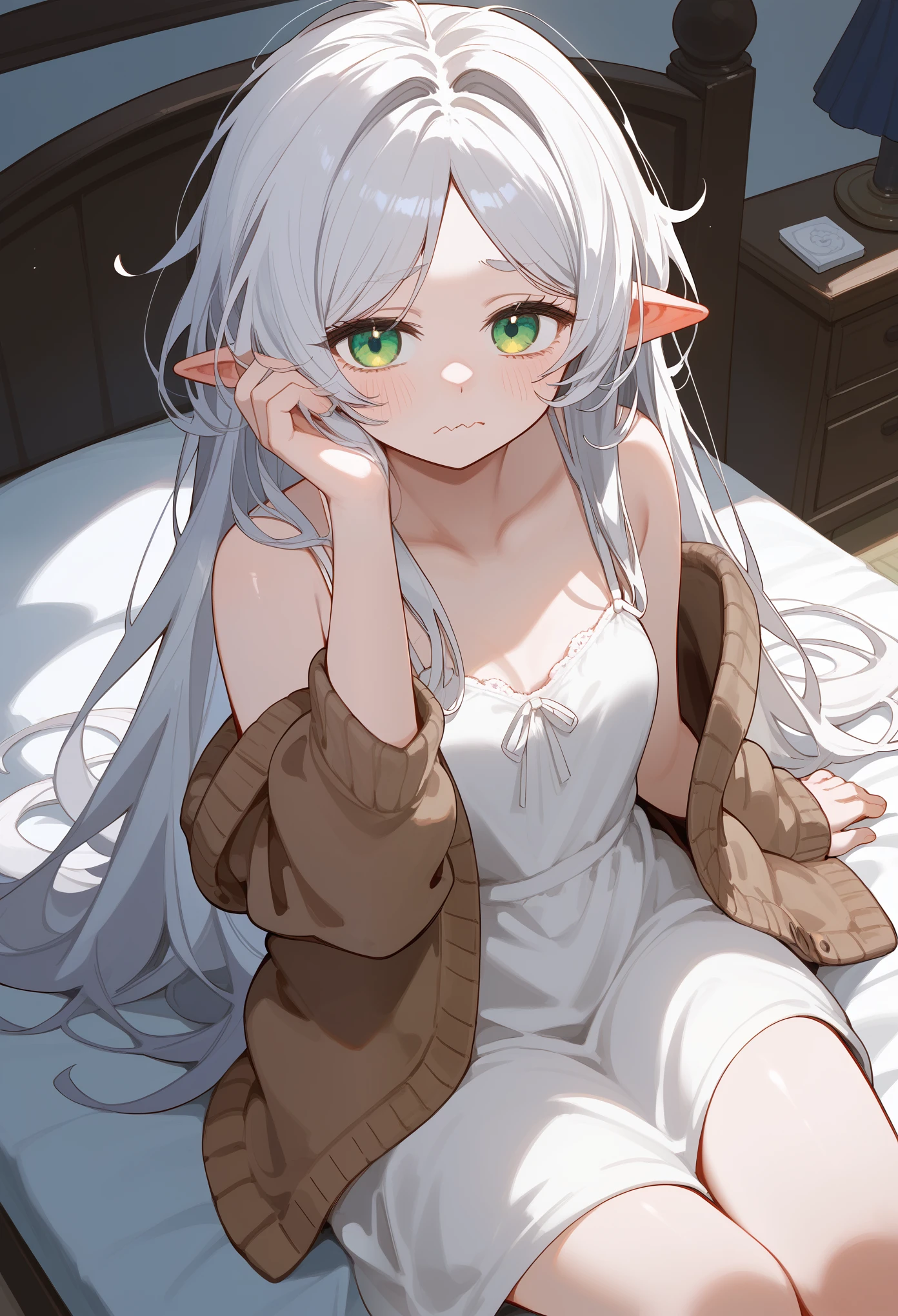 masterpiece, best quality, score_9, score_8_up, score_7_up, 1girl, solo, FrierenSleepwear, green eyes, white hair, long hair, messy hair, white dress, spaghetti straps, sleeveless dress, brown cardigan, sitting on bed, wariza, scratching own eye, sleepy, wavy mouth, looking at viewer, from above, indoors, beautiful, 
