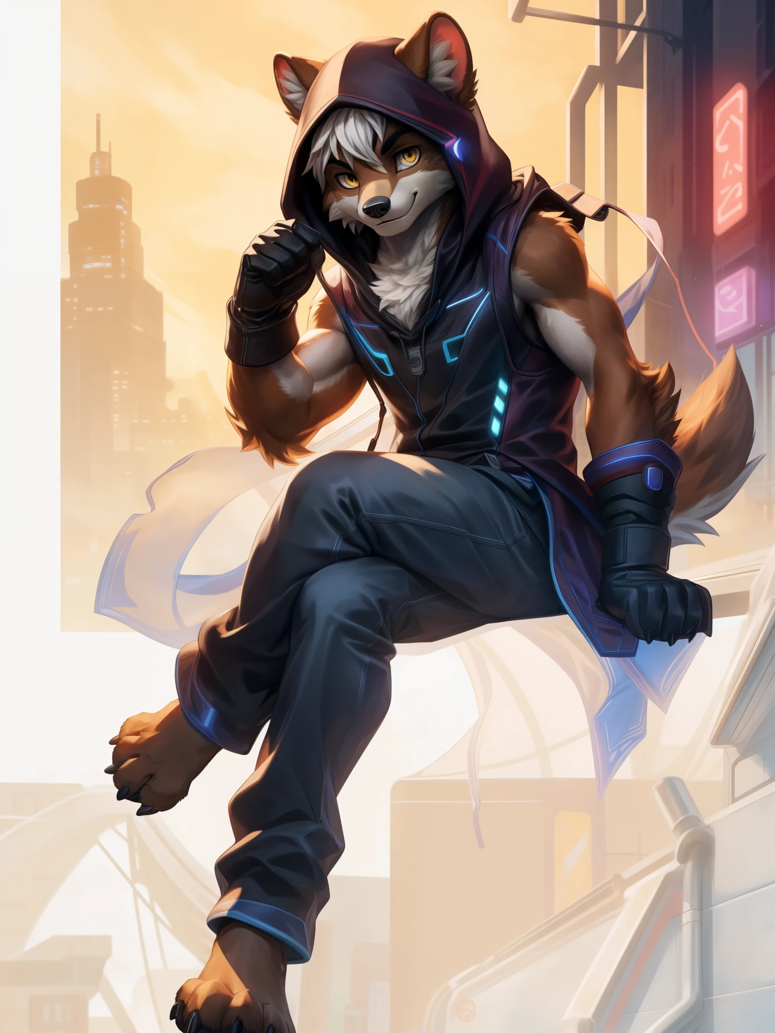 solo,anthro,furry,furry male, Weasel, ((fluffy fur,fluffy,furry body)), (brown fur, weasel print), (brown body), (short hair), (bright yellow eyes) short hair, detailed fluffy fur, (Black hoodie, hoodie, (hood down)), sleeveless, (gloves, long gloves, black gloves), black clothes, detailed face, detailed eyes, jeans, (black jeans), detailed clothes, feet, claws, black claws, crossed legs, shirt, white muzzle, full body, skinny body, (cyberpunk streets, sci-fi rooftop, city, full background), outdoors, (Null-ghost, masterpiece, high quality,hi-res,8k hd, absurd res,), sitting, close-view portrait, looking at viewer, lights, happy expression, smile, smirk, dark shadows,