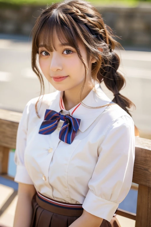 Light Brown Fringe Hair、Braided hair、disheveled hair、Arab asian woman in white shirt and red bow tie、a hyperrealistic 、a hyperrealistic 、cute school girl、goddess of Japan、Japan Person Model、Realistic Young Gravure Idol、Japan Girl Uniform、a Korean girl、Japan wearing 、Japan wearing 、Young gravure idols、beautifull asian girl ever、(:1.5)、Emphasis on the chest、Clear skin