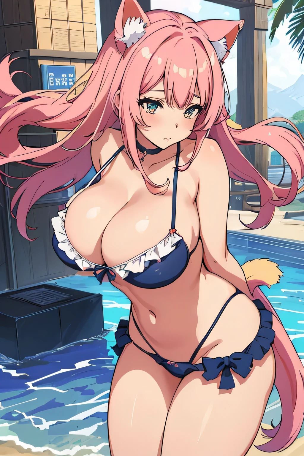 A woman in a bikini with cat ears and a tail, thick, Enchanting anime girl, On pixiv Top Rated, Anime Goddess, Pixiv 3DCG, On pixiv, tits