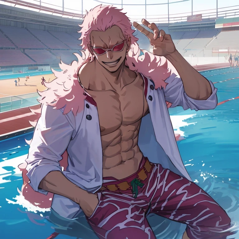 Doflamingo taking a half-bath at the basketball stadium