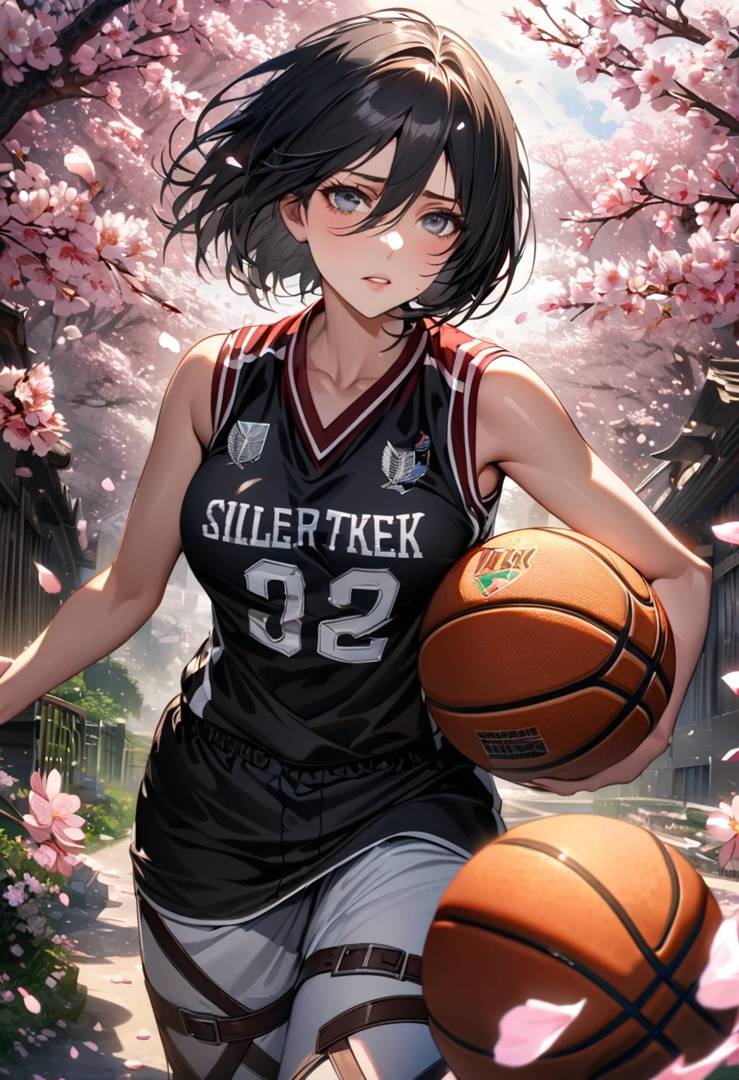 Ultra detailed, Highres, HDR, absurdres, Mikasa Ackerman, expressive silver eyes, black short hair, woman, extremely beautiful, Shingeki No Kyojin, solo, extremely detailed face and eyes, petals, blossoms, spring, master piece, basketball uniform, cherry blossoms, butterflies