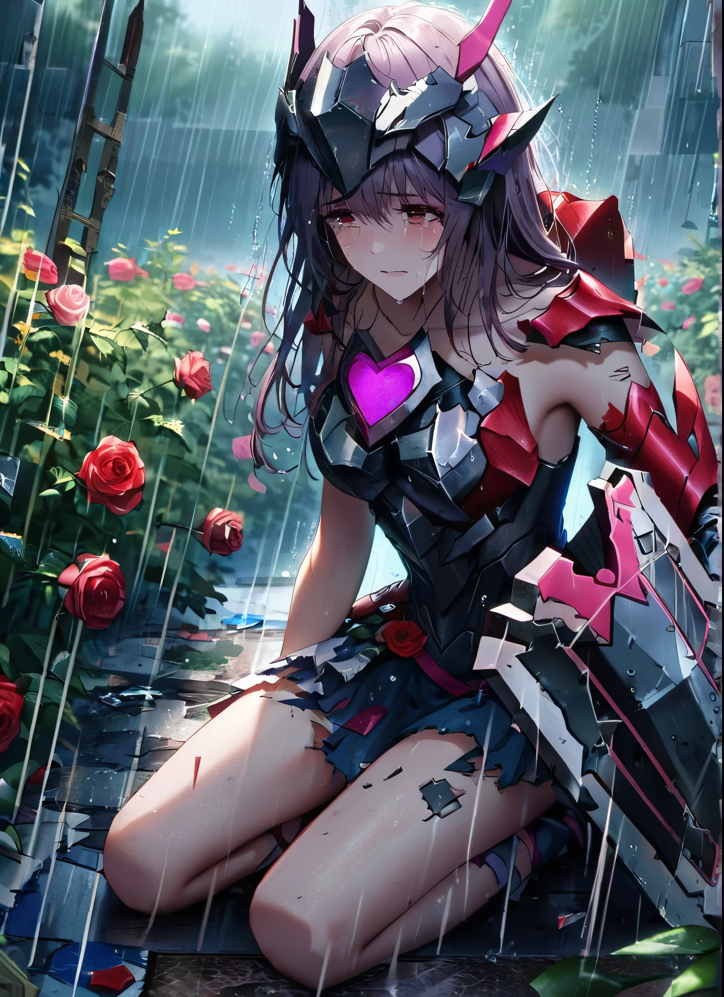 A girl, kneeling in the floor, wearing a ultra shattered and ultra broken cute lovely armor, lot of missing pieces, very damaged armor ,ripped clothes, broken helmet ,broken shield and broken sword, in tears, sad, dramatic scene, tears flowing in the face, garden, roses, rain, ultra detailed face
