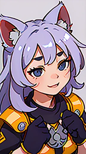 Cat Beastman、(Third Eye)、highest quality、masterpiece、Ultra-high resolution、(Realistic:1.4)、Crisp and beautiful image quality、alone、girl、Forehead gem、Machinery Armor、cat ears girl、Third Eye、smile、close your eyes