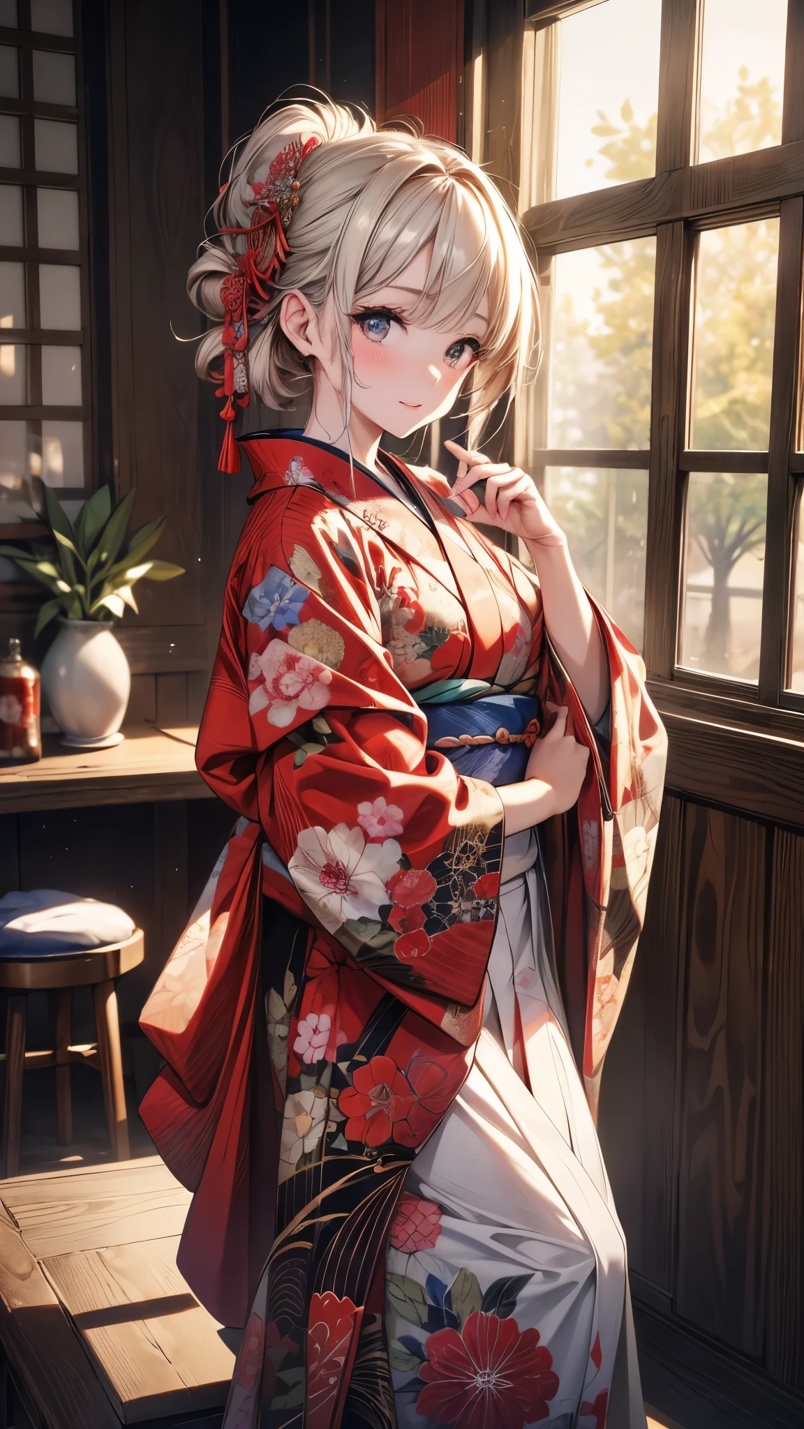 kimono, Heart, (8k, original photo, best quality, masterpiece: 1.2), (Practical: 1.6), (masterpiece), (best quality: 1.0), (Ultra-high resolution: 1.0), detail, 1940s, one, detail beautiful skin, detail room, ,Practical skin