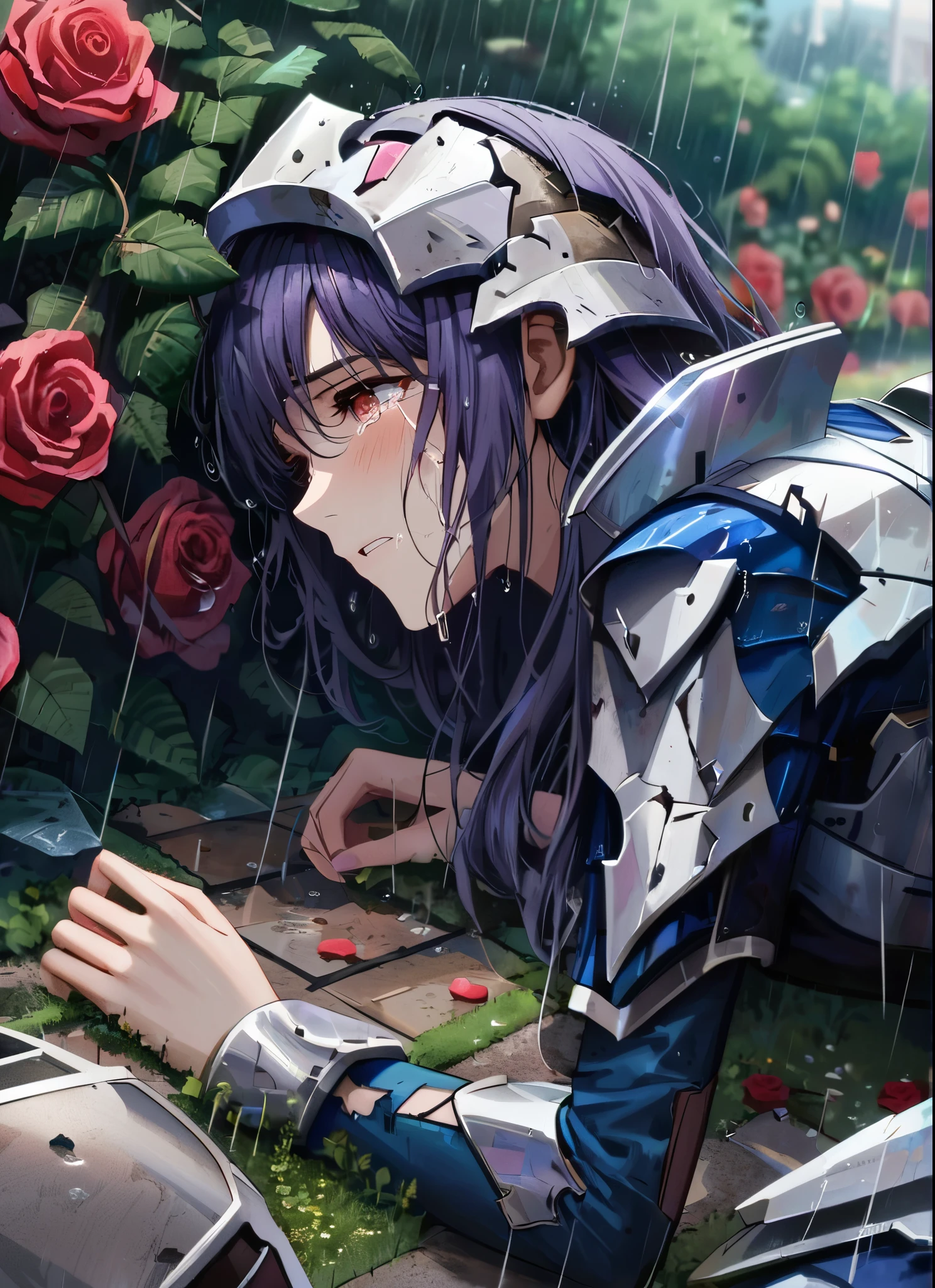 A girl, kneeling in the floor, wearing a ultra shattered and ultra broken cute lovely armor, lot of missing pieces, very damaged armor ,ripped clothes, broken helmet ,broken shield and broken sword, in tears, sad, dramatic scene, tears flowing in the face, garden, roses, rain, ultra detailed face