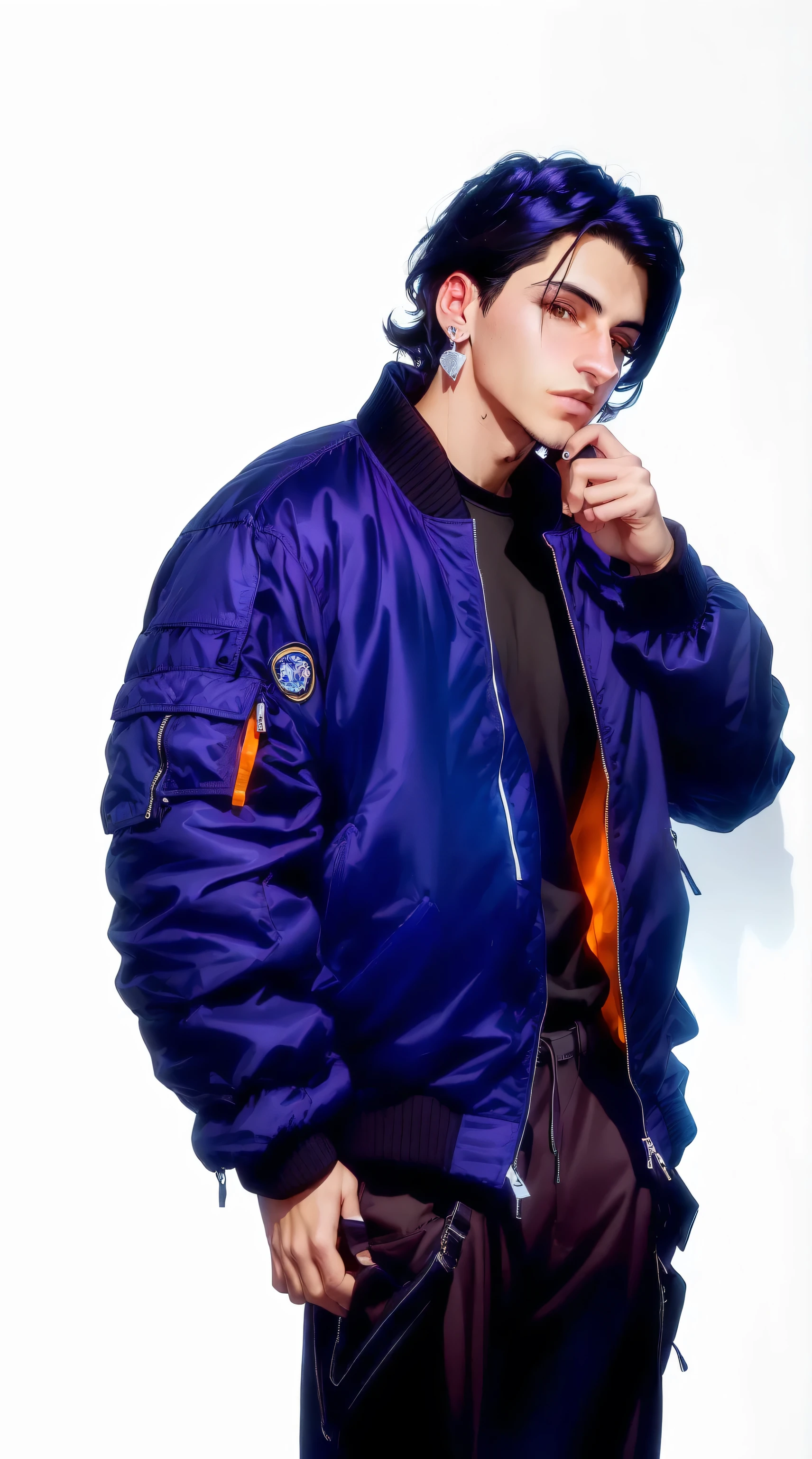 Qaiwachgan face, man in a purple black jacket, wearing a bomber jacket, wearing an aviator jacket, Brown pants, full body close-up shot, wearing ripped flight suit, close up half body shot, egocentric boy pose, main character, handsome, black hair, brown eyes, western, VERY HANDSOME, age 25, perfect lips, perfect hands, ear dangle earring, alpha male type, comma hair style, black hair, standing against a plain white wall, purple cinematic lighting
