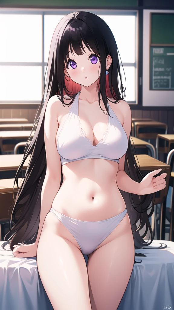 Amazing Chitanda, There is only one beautiful girl,Purple Eyes, Black Hair, Very red face,Very white skin,Glowing skin,Naturally straight hair, Straight bangs,Extremely refined,Open lips,Long flowing hair,Beautiful Girl, Like a dream,Slim,Soft, (Sensual), (Kawaii), Dream quality,Beautiful big breasts,Wearing a white swimsuit,in the classroom,Skirt lift,Transparent clothes,no pants,Showing breasts,Show your thighs,Showing collarbone,Show your neck,Exposing the groin,Show your belly button,No pants,extremely shy,Ultra-high resolution, (masterpiece:1.2, best quality), (Delicate and beautiful eyes: 1.2), (Beautiful and delicate face)