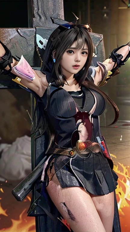highest quality，masterpiece，Ultra-high resolution, Very detailed, 8k，(Beautiful woman)，(一人のBeautiful woman)，((Crucifixion:1.5))，(((cross)))，(execution)，((incontinence))，Scared，torture，slave，((crossにCrucifixionにされた女性：1.5)),Crucifixion刑，((Kamen Rider:1.4))，Female warrior uniform，White gloves，Female Rider，Large Breasts、((Torn costume：1.5))，((Tearing of clothes：1.5))，(Tattered clothes：1.5)，Beaten face，顔にTraces of being beaten，((Bruises on the body))，Body scars，Facial and body injuries，(Bruise, dirty, Torn clothes, Revealing clothing, Blood:1.3)，Traces of being beaten，Defeated heroine，A ruined world，Remains，ruins，(Burning at the stake)，((Roasted by fire：1.2))，Inflammation，(Inflammationに包まれている)，足下にInflammation，Browsing Caution