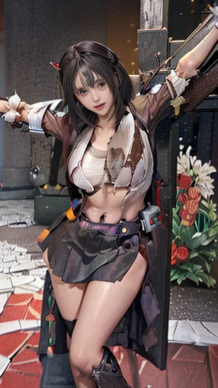 highest quality,masterpiece,Ultra-high resolution, Very detailed, 8k,(Beautiful woman),(一人のBeautiful woman),((Crucifixion:1.5)),(((cross))),(execution),((incontinence)),Scared,torture,slave,((crossにCrucifixionにされた女性:1.5)),Crucifixion刑,((Kamen Rider:1.4)),Female warrior uniform,White gloves,Female Rider,Large Breasts、((Torn costume:1.5)),((Tearing of clothes:1.5)),(Tattered clothes:1.5),Beaten face,顔にTraces of being beaten,((Bruises on the body)),Body scars,Facial and body injuries,(Bruise, dirty, Torn clothes, Revealing clothing, Blood:1.3),Traces of being beaten,Defeated heroine,A ruined world,Remains,ruins,(Burning at the stake),((Roasted by fire:1.2)),Inflammation,(Inflammationに包まれている),足下にInflammation,Browsing Caution