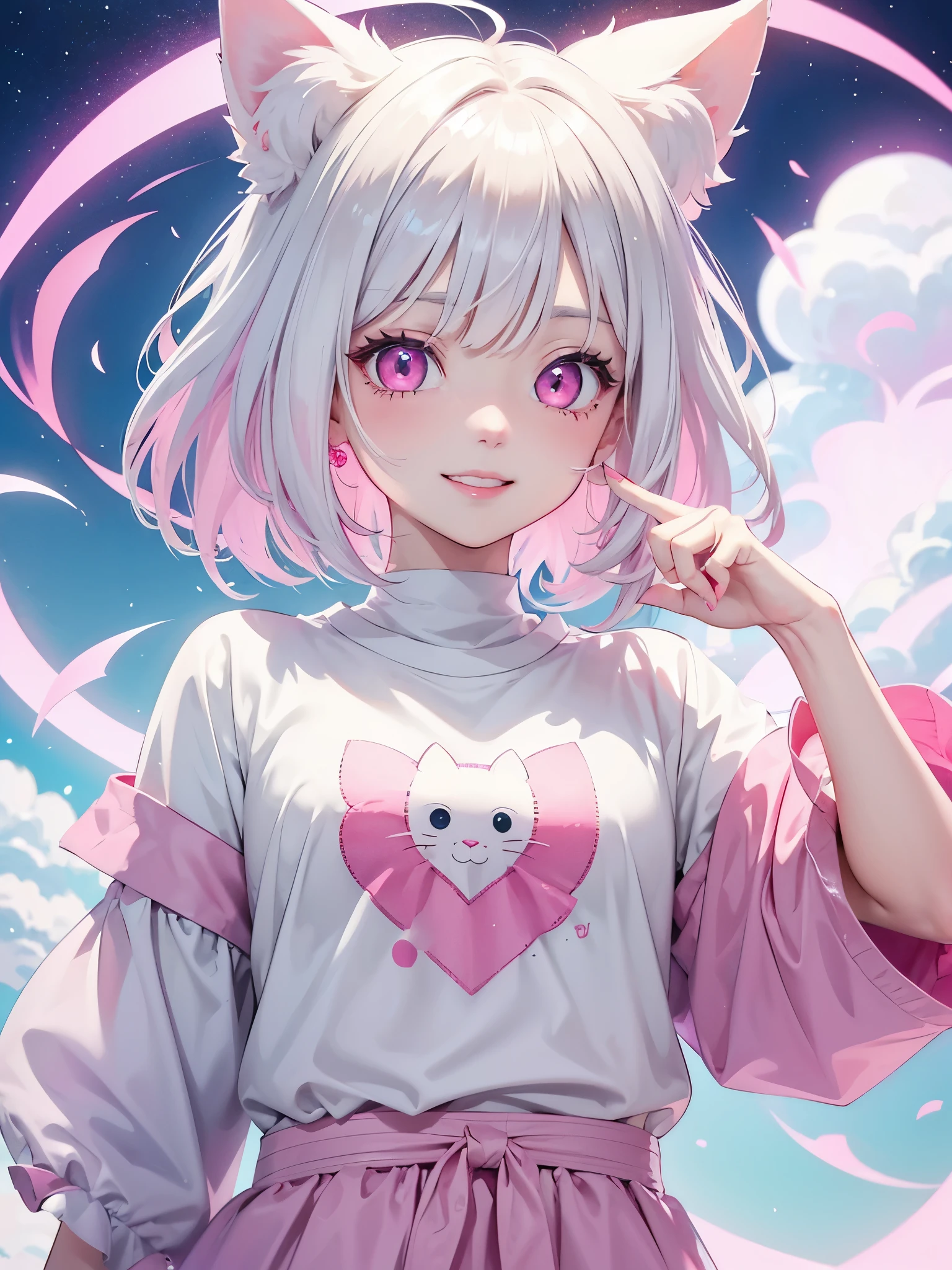 White hair. Short hair. Inner pink hair. Anime girl. Asian girl. Ulzzang. Pink eyes. Glowing eyes. Smiling. Nekomimi.  T-shirt.