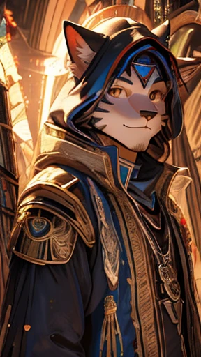 Cat Beastman、(Third Eye)、highest quality、masterpiece、Ultra-high resolution、(Realistic:1.4)、Crisp and beautiful image quality、alone、girl、Forehead gem、Machinery Armor、cat ears girl、Third Eye、smile、close your eyes