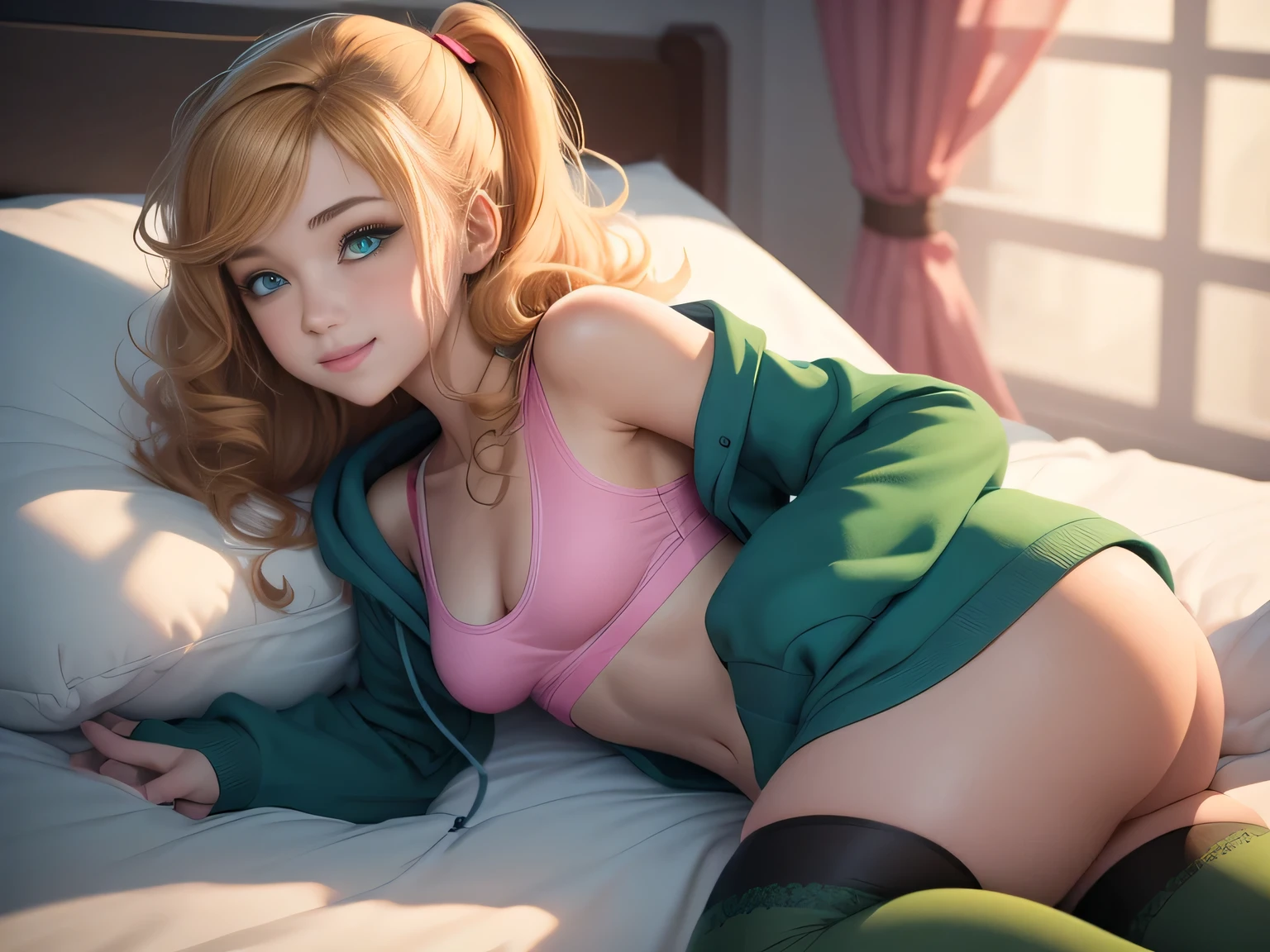 1 girl, Samus Aran, strawberry blonde hair, blue eyes, (shoulder length hair), wavy hair, small breasts, white thighhighs, gentle, gentle light, delicate, green midriff hoodie, pink, happy, bed, ass