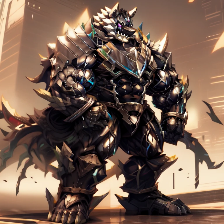 (monomasa),
nj5furry,
(masterpiece, best quality, detailed:1.2),
(solo),
(full body),
highly detailed, anime style, sharp shadows, shaded, soft lighting, (masterpiece:1.3),(best quality:1.4), (extreme detailed illustration), good anatomy,
(big muscle:1.1), (big pecs:1.1), (thick arms:1.1), (sweaty:1.2),
big muscle (pecs, triceps, traps) unusually developed muscular body, body full of huge muscles. showing off muscles, pectorales enormes. Exaggeratedly huge muscles.
The claws are sharp, Sharp teeth,
black bodysuit, (rubber material:1.2),
black metal armor,
Wearing full plate armor, Its full plate armor emphasizes the muscles. a knight's mechanical armor, glowing wide and heavy armor,
He wears a black cloak on his back. The cloak is so long that it touches the ground,
futuristic city,