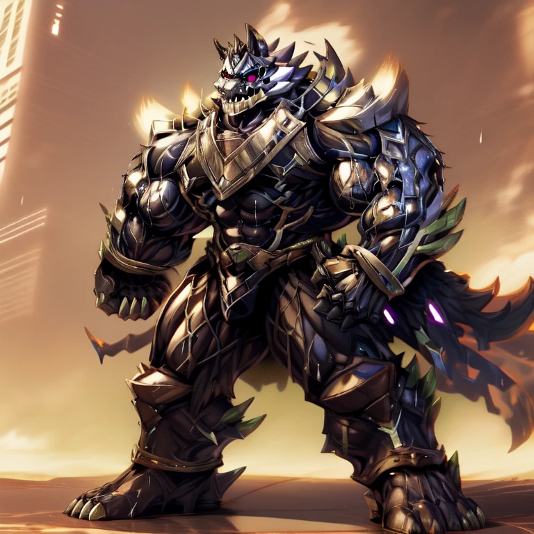 (monomasa),
nj5furry,
(masterpiece, best quality, detailed:1.2),
(solo),
(full body),
highly detailed, anime style, sharp shadows, shaded, soft lighting, (masterpiece:1.3),(best quality:1.4), (extreme detailed illustration), good anatomy,
(big muscle:1.1), (big pecs:1.1), (thick arms:1.1), (sweaty:1.2),
big muscle (pecs, triceps, traps) unusually developed muscular body, body full of huge muscles. showing off muscles, pectorales enormes. Exaggeratedly huge muscles.
The claws are sharp, Sharp teeth,
black bodysuit, (rubber material:1.2),
black metal armor,
Wearing full plate armor, Its full plate armor emphasizes the muscles. a knight's mechanical armor, glowing wide and heavy armor,
He wears a black cloak on his back. The cloak is so long that it touches the ground,
futuristic city,
