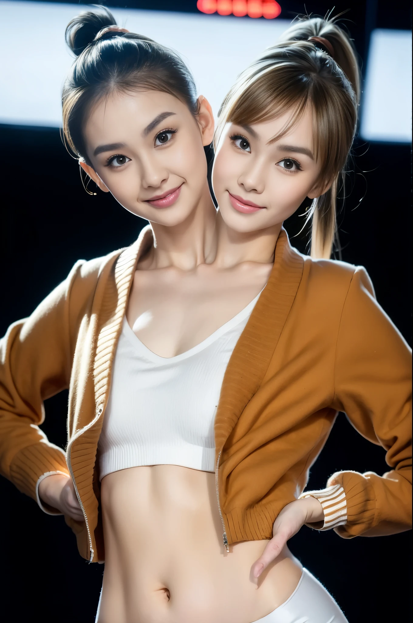 best resolution, 2heads, half-body shot, korean woman with two heads , brown hair, blonde, pixie cut and ponytail, different faces, varsity jacket, stage background