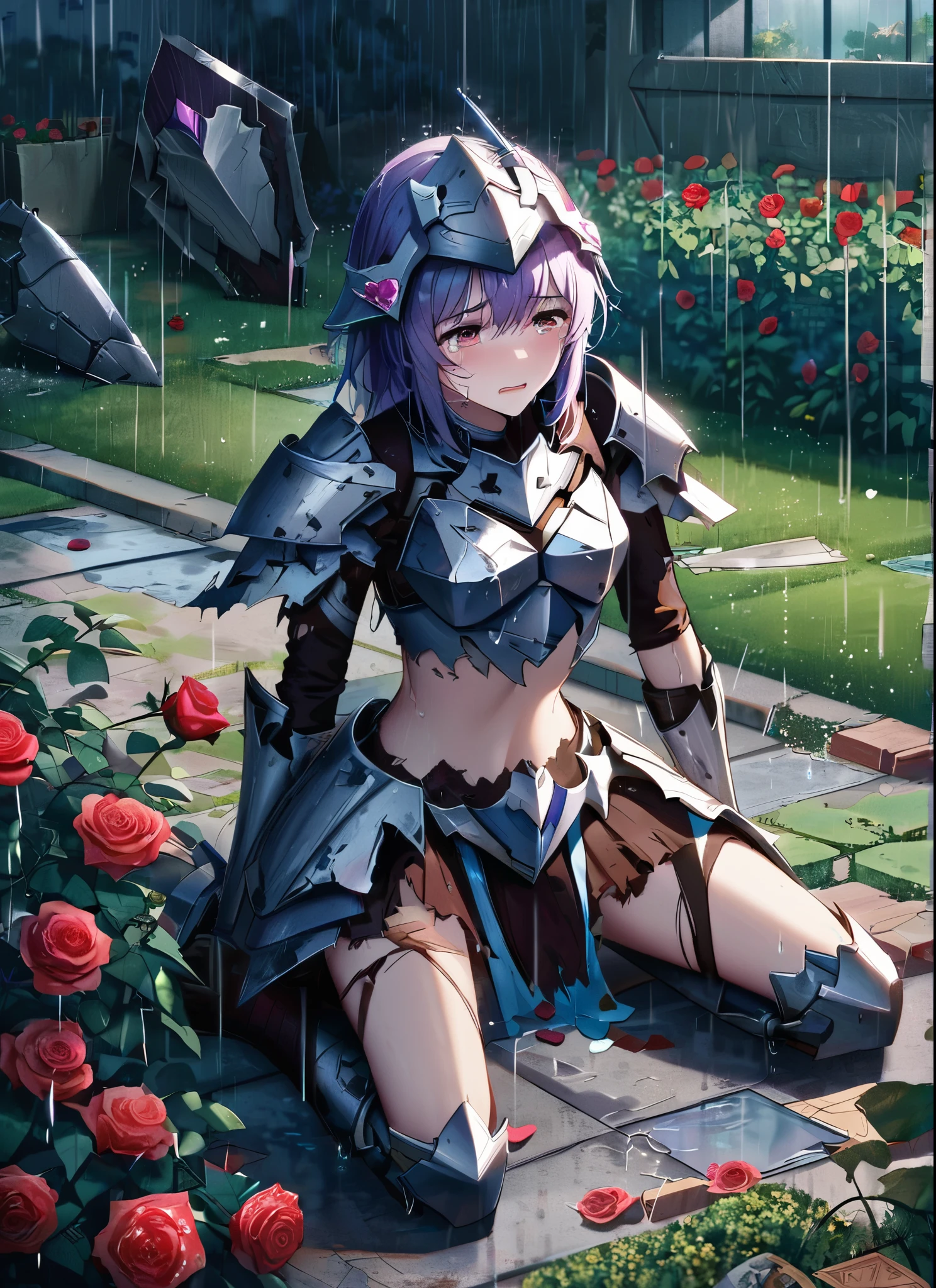 A girl, kneeling in the floor, wearing a ultra shattered and ultra broken cute lovely armor, lot of missing pieces, very damaged armor ,ripped clothes, broken helmet ,broken shield and broken sword, in tears, sad, dramatic scene, tears flowing in the face, garden, roses, rain, ultra detailed face