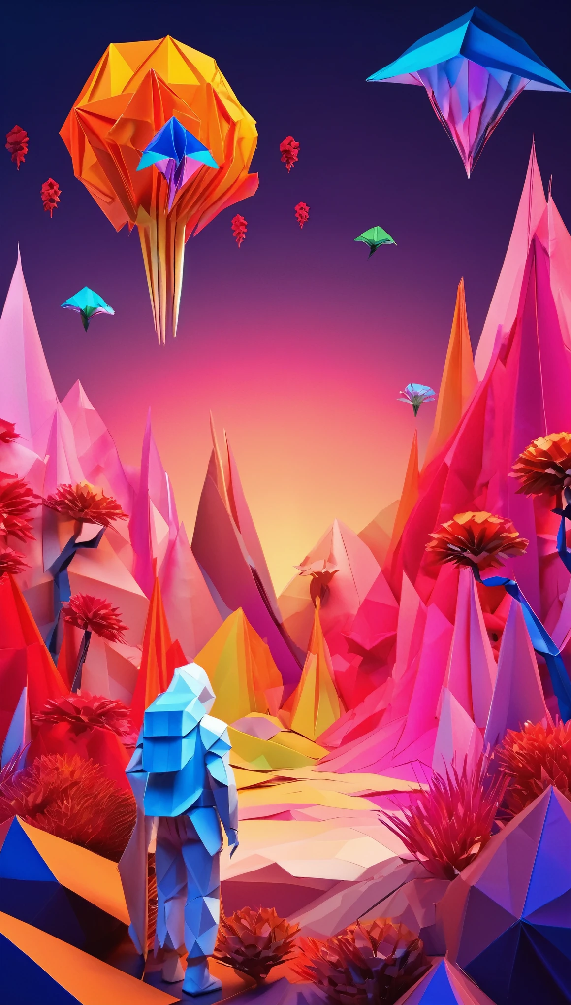 Origami art, A lone, male astronaut in a sleek, white spacesuit faces off against a vast army of towering alien creatures in a low-poly, alien vista. Nighttime, The sky above is ablaze with vibrant, psychedelic hues and deep, mysterious shades, while bioluminescent plants and light sources illuminate the surreal, rocky landscape, angular and sleek, low poly origami style