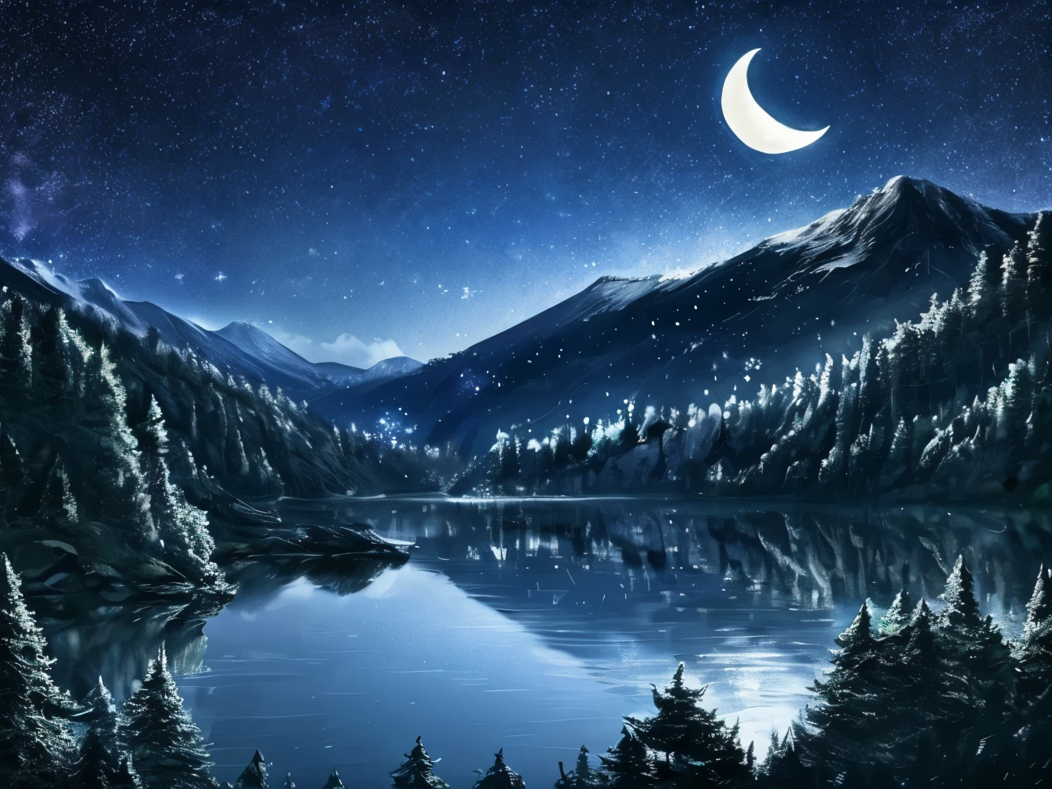 night、moon、Countless Stars、water surface、In nature、Mountain、forest