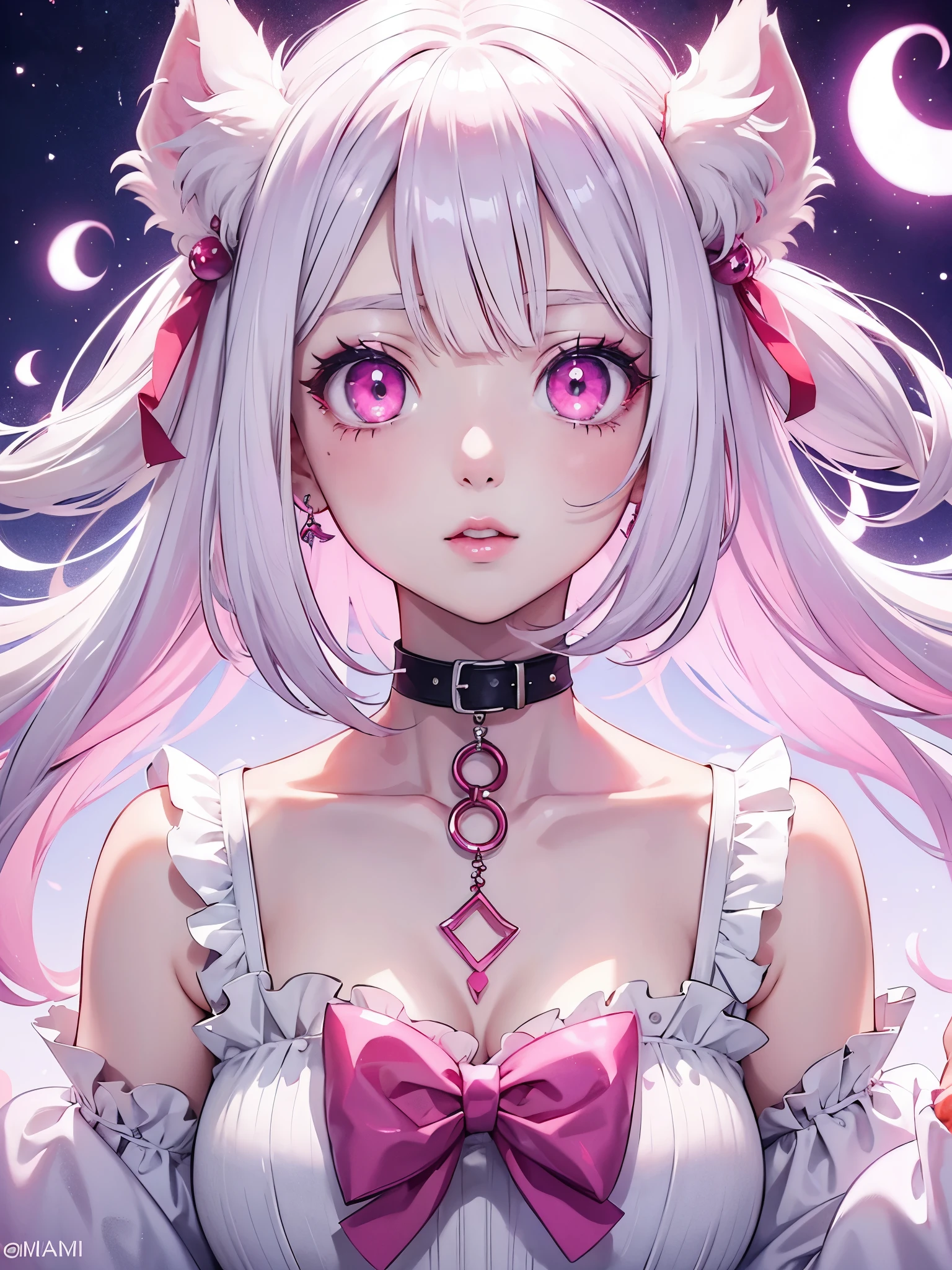 White hair. Short hair. Inner pink hair. Anime girl. Asian girl. Ulzzang. Pink eyes. Glowing eyes. Nekomimi.  