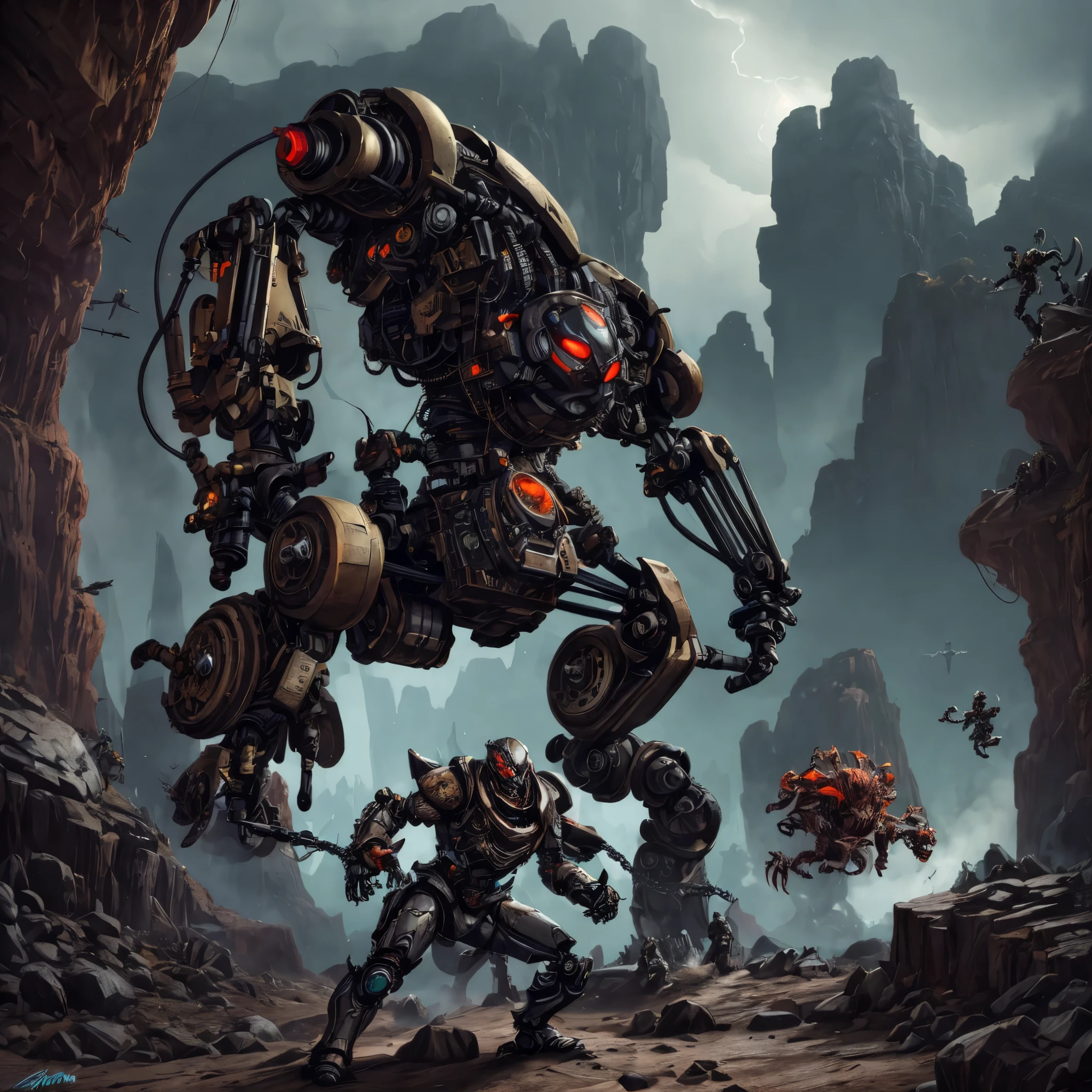 (a steam punk, robot, monster hunter),creepy spider scorpions,rocky canyon,Boris Valejo,illustration,high-res,(best quality,4k,8k,highres,masterpiece:1.2),detailed,grimy,machine-powered armor,battle,action-packed,fierce,dangerous,giant metal fists,glowing eyes,steampunk goggles,heavy artillery,mechanical limbs,sharp metallic edges,exhaust pipes,smoke,unique weaponry,leather straps,dusty atmosphere,mysterious mist,ominous shadows,artificial intelligence,advanced technology,extraordinary power,high contrast color scheme,underground lair,dystopian setting,post-apocalyptic world,intense battle scene,contrasting light sources,explosive action,impressive attention to detail,gritty texture,industrial elements,mechanical contraptions,iron chains,spider-like legs,creepy exoskeleton,monstrous creatures,pulsating venomous stingers,battle-scarred landscape,splintered rocks,jagged cliffs,uneven terrain,majestic sky,ominous dark clouds,dramatic lighting,masterful brushwork,splashes of vibrant color,dynamic composition,odyssey of human imagination,endless possibilities